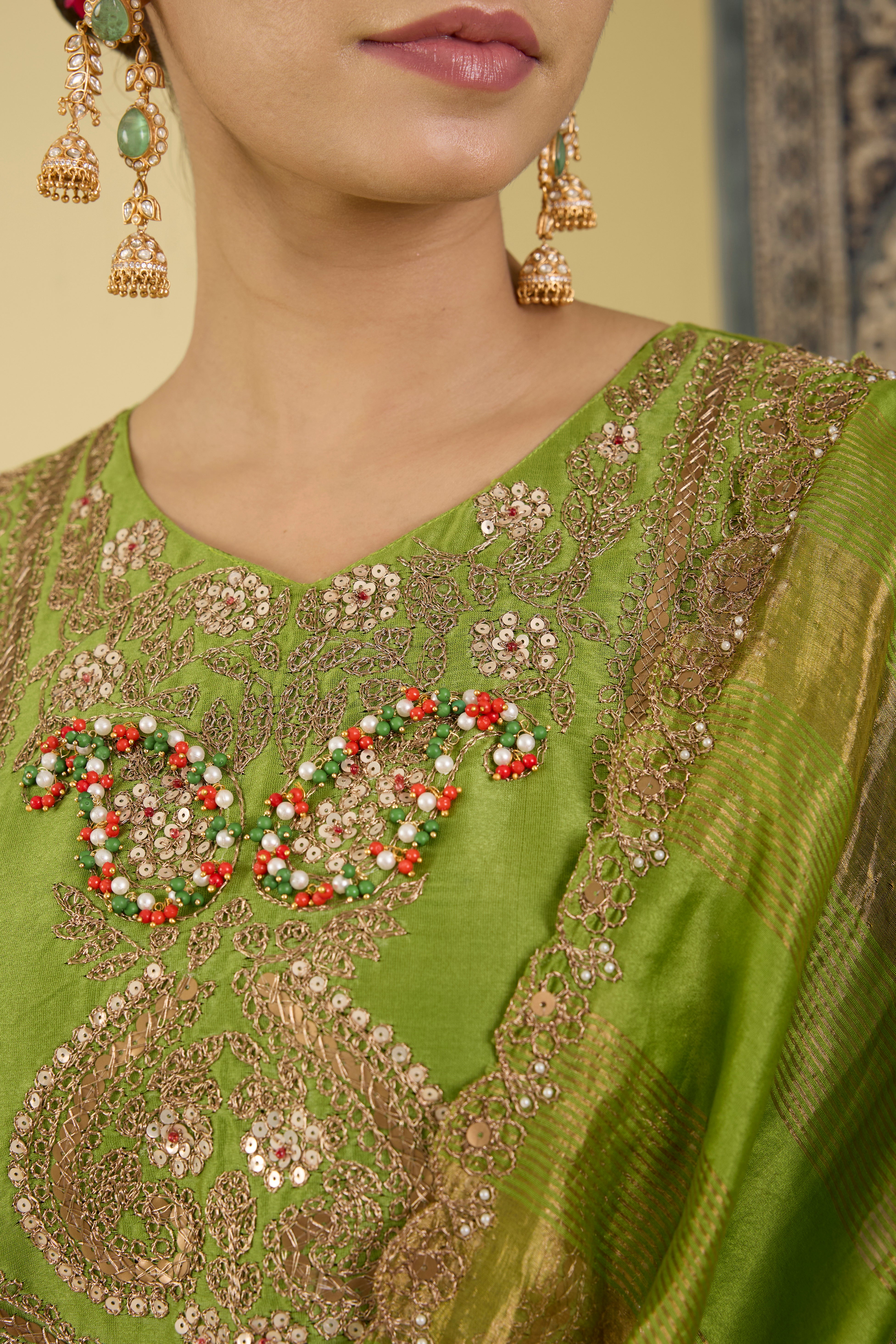 Olive Green Embroidered Festive Kurta Set .