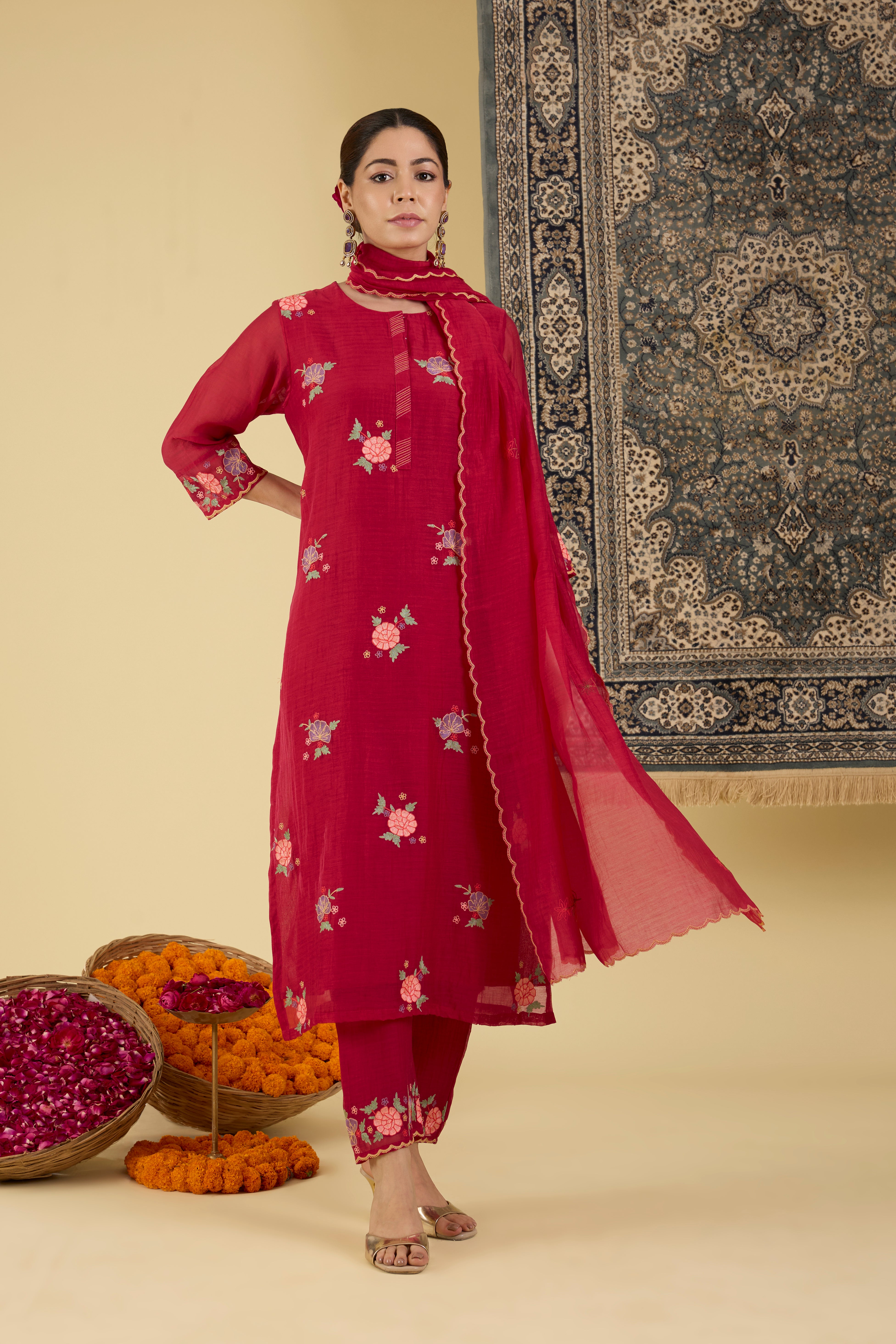 Crimson Floral Embroidered Kurta Set