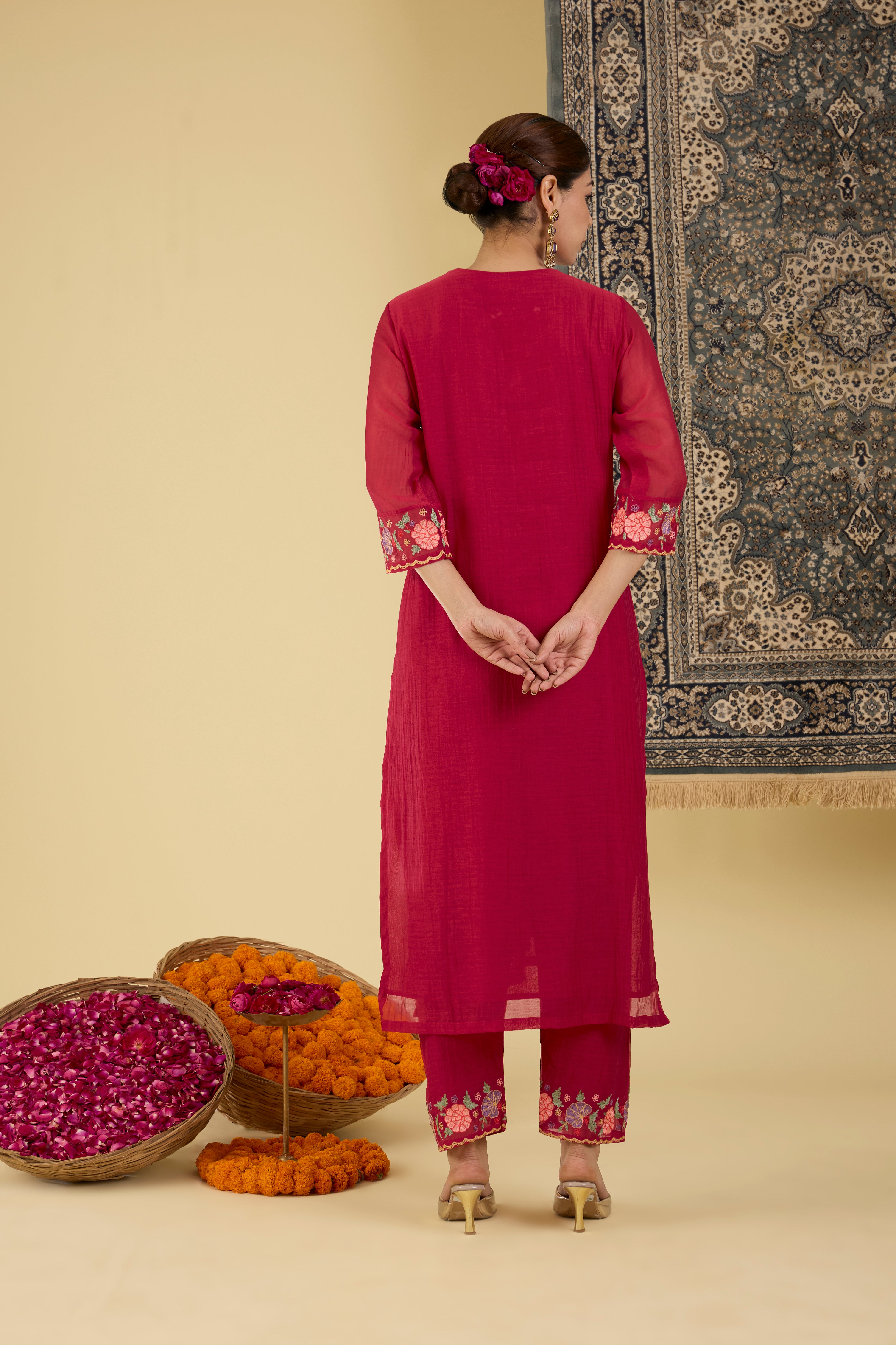 Crimson Floral Embroidered Kurta Set