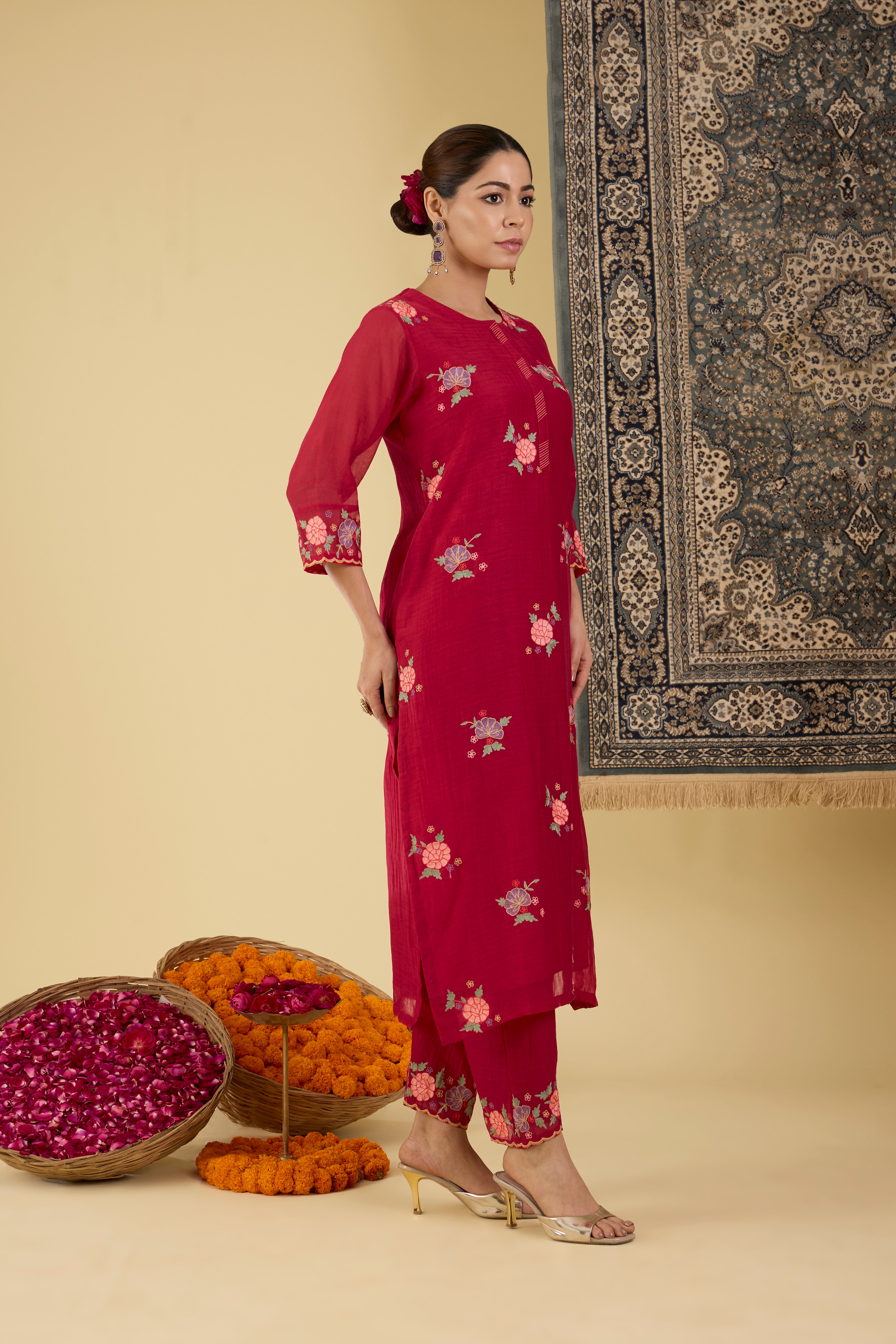 Crimson Floral Embroidered Kurta Set