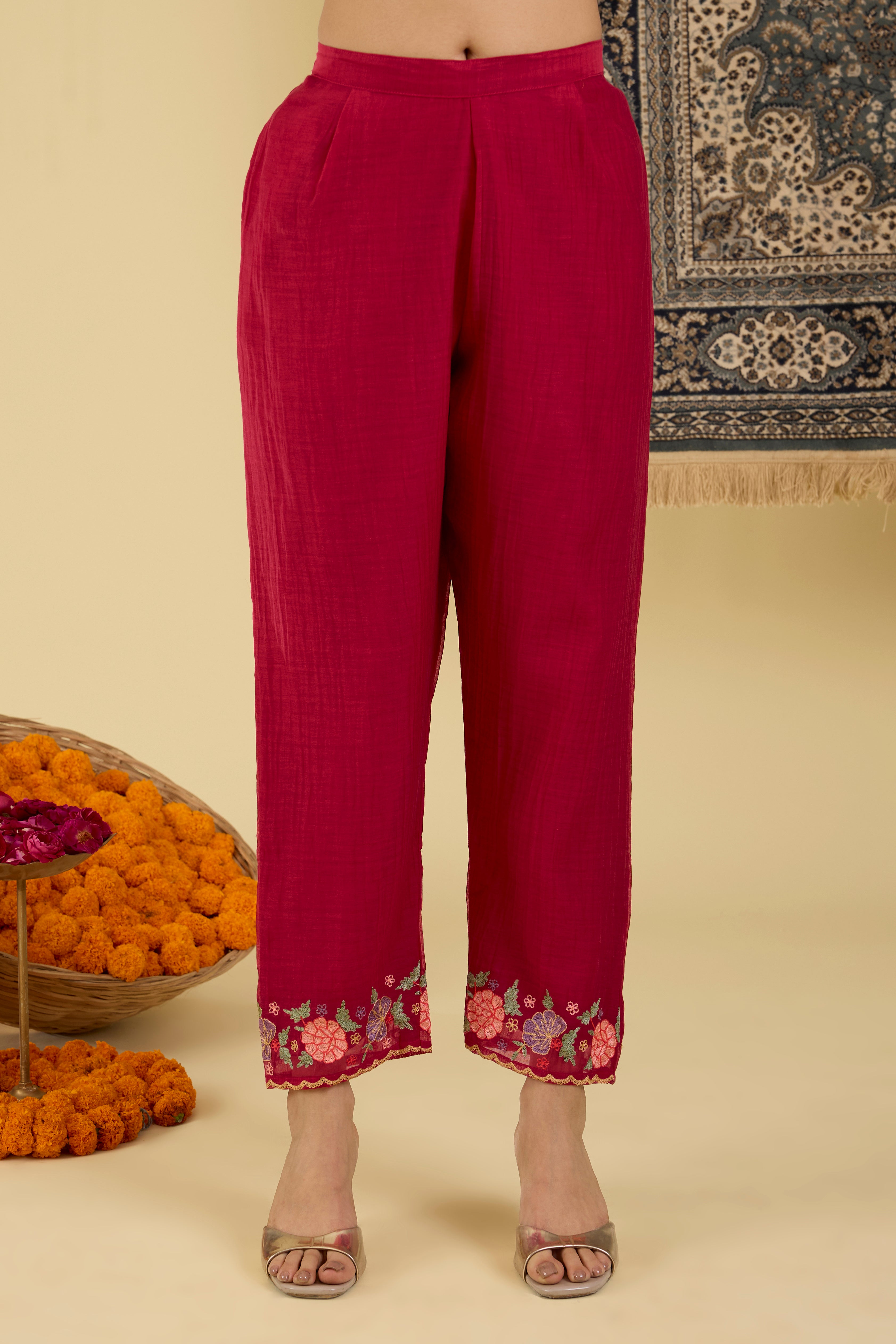 Crimson Floral Embroidered Kurta Set