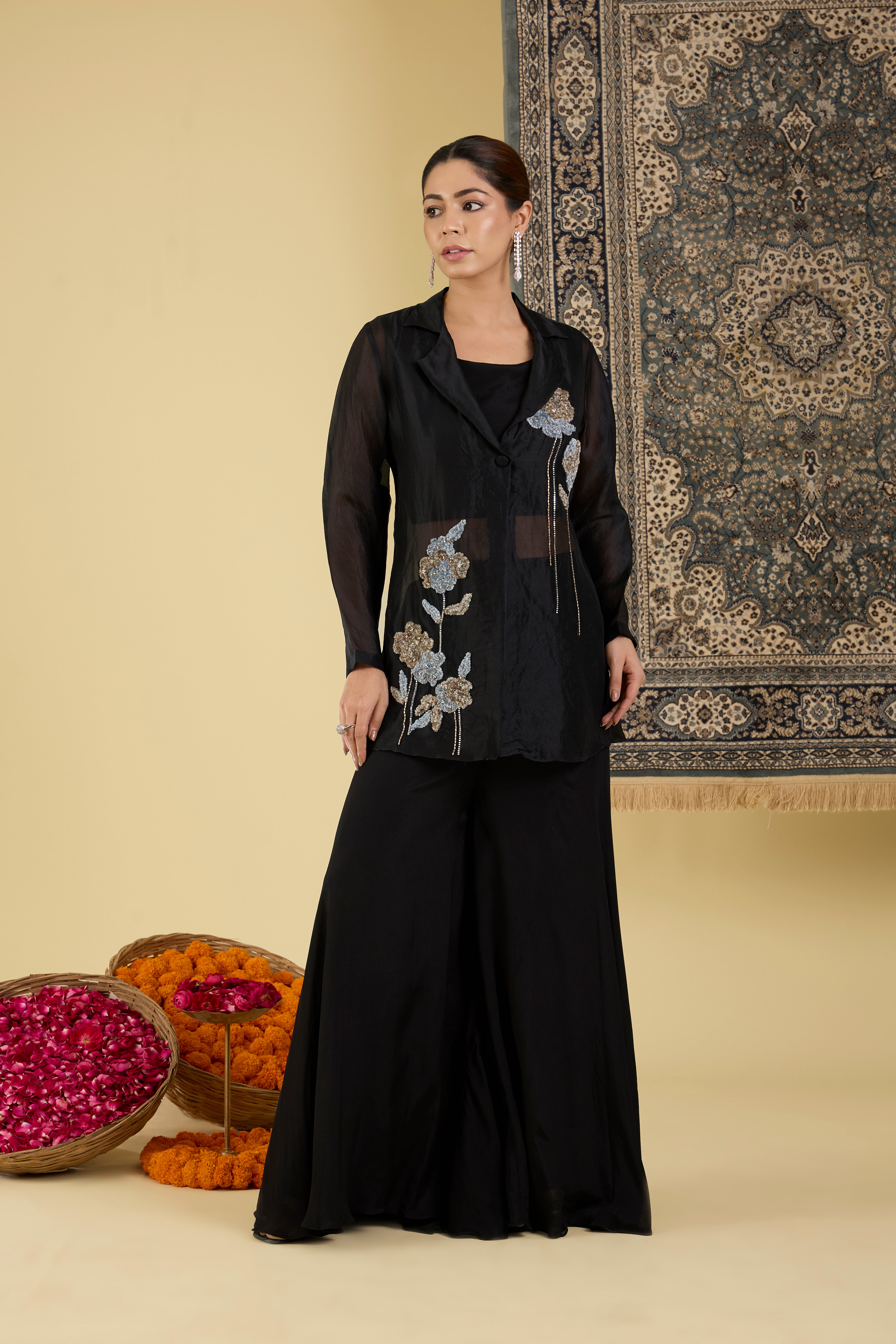 Black Embroidered Co-ord Set with Jacket