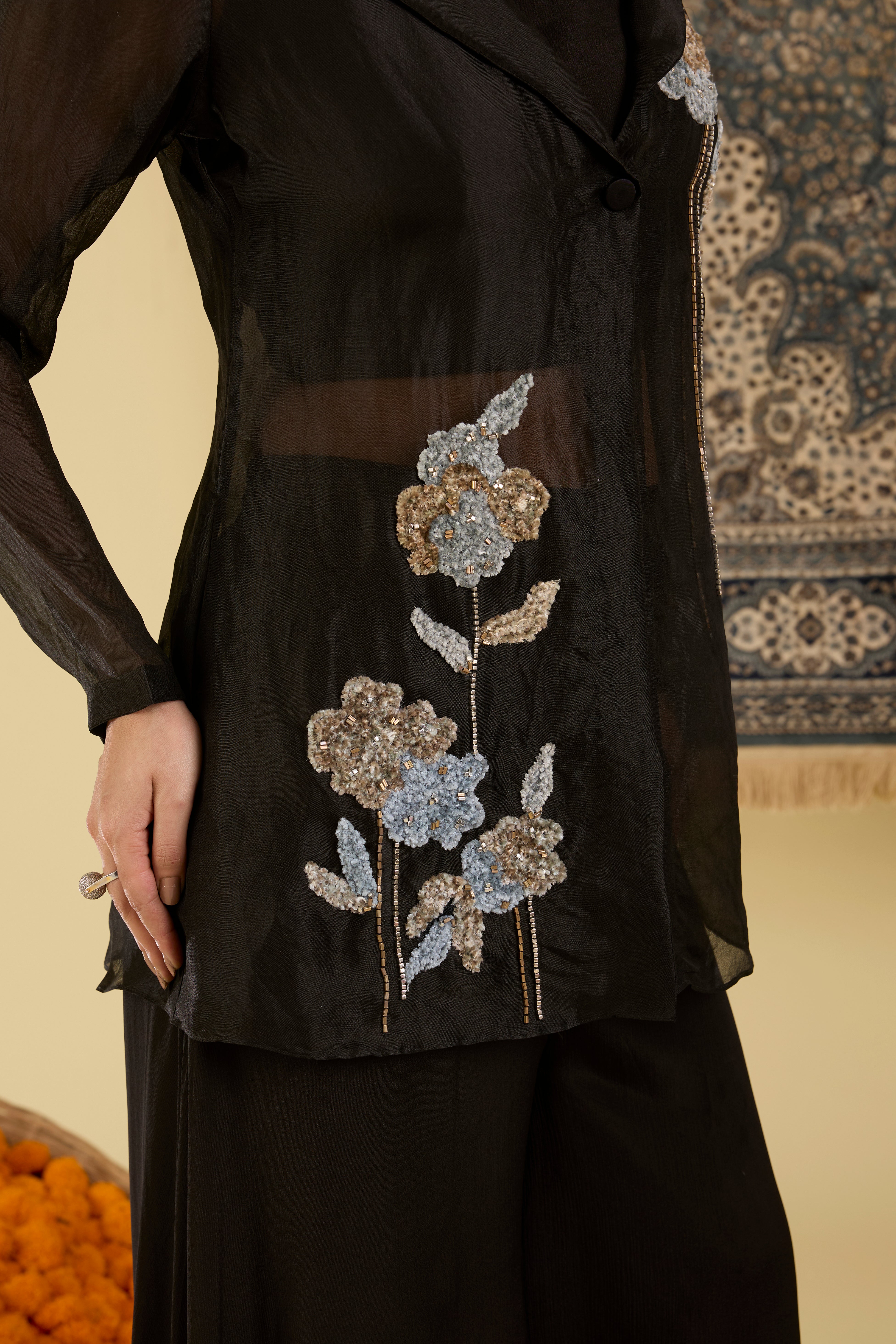 Black Embroidered Co-ord Set with Jacket