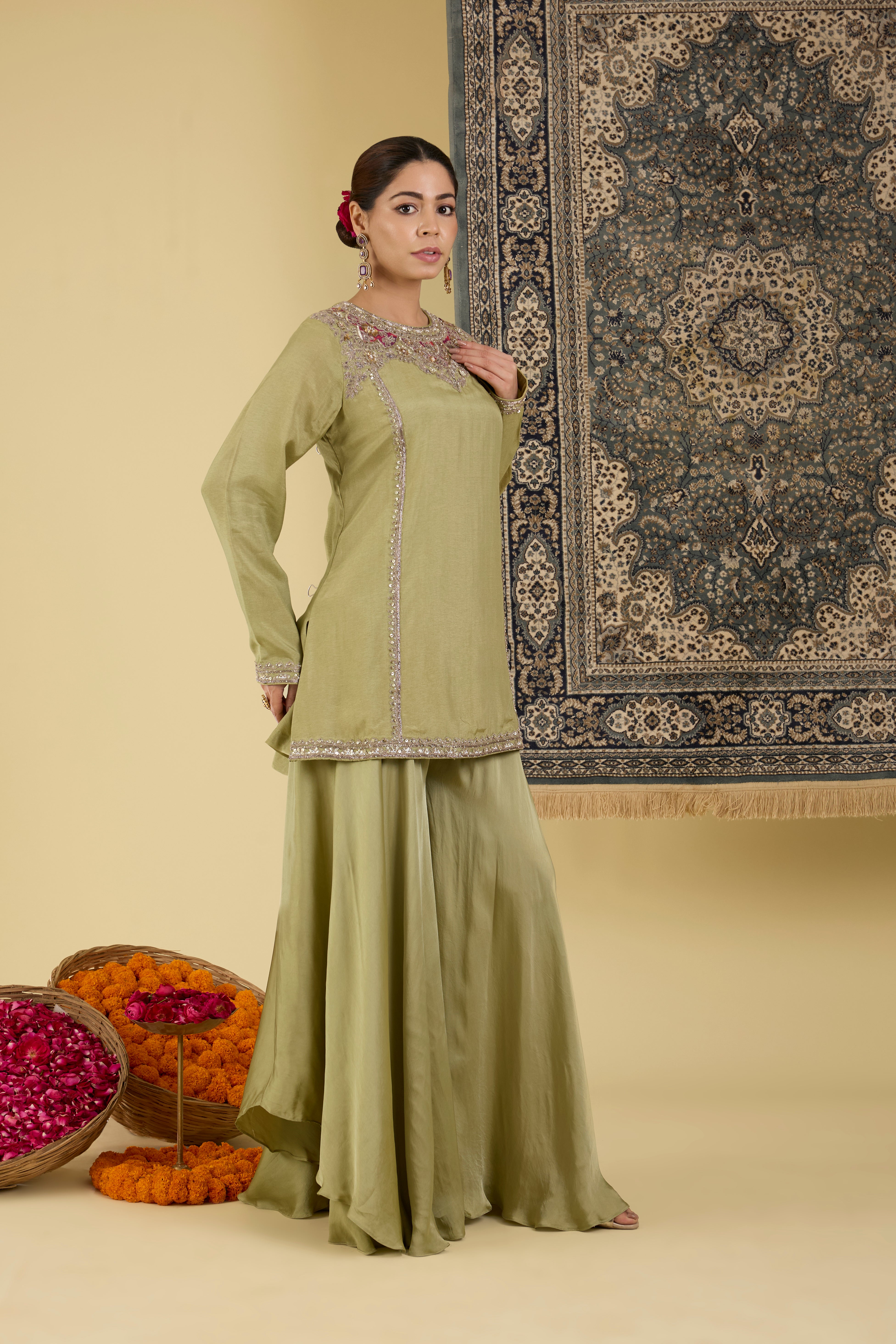 Olive Green Embellished Sharara Suit Set.