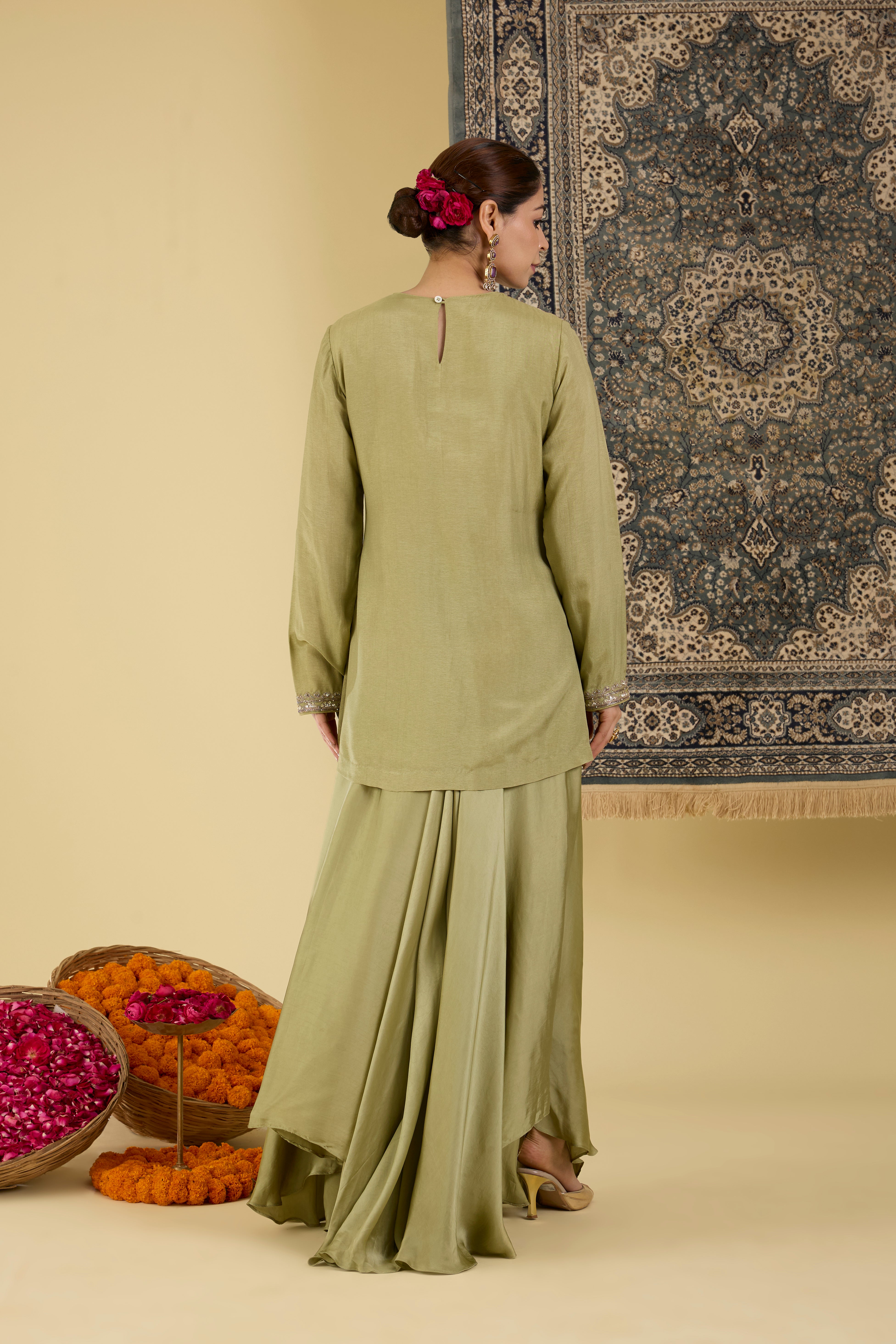 Olive Green Embellished Sharara Suit Set.