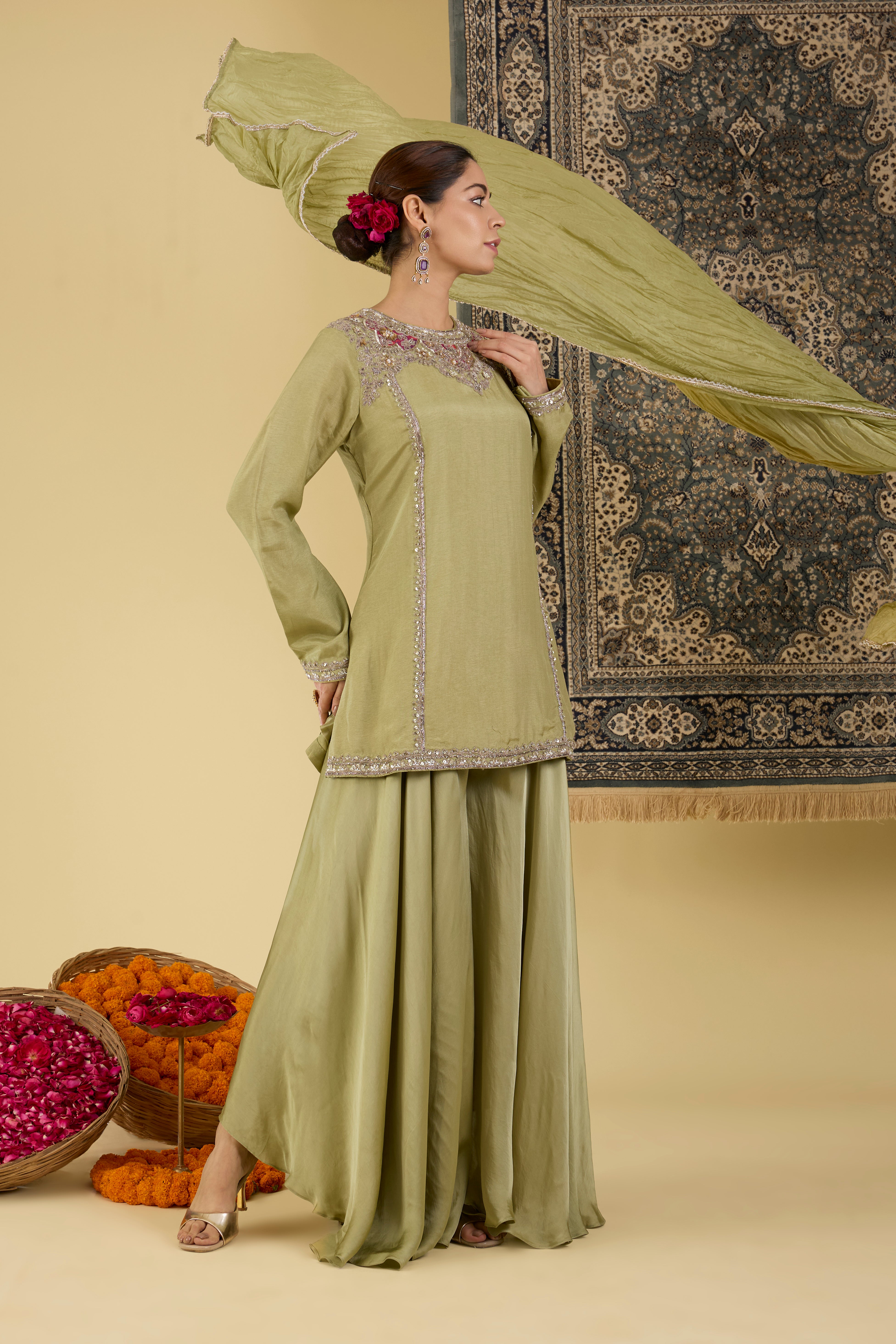 Olive Green Embellished Sharara Suit Set.