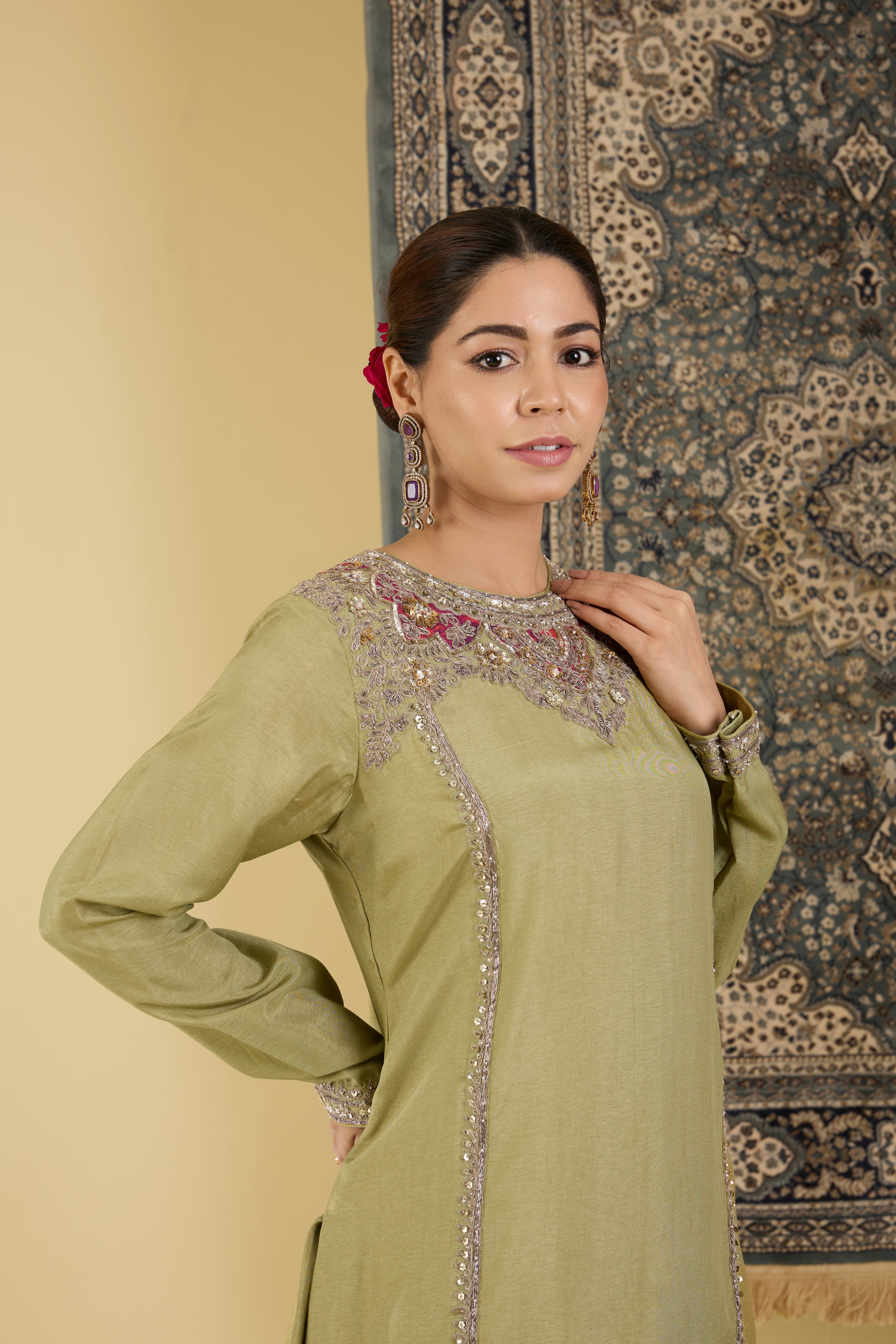 Olive Green Embellished Sharara Suit Set.