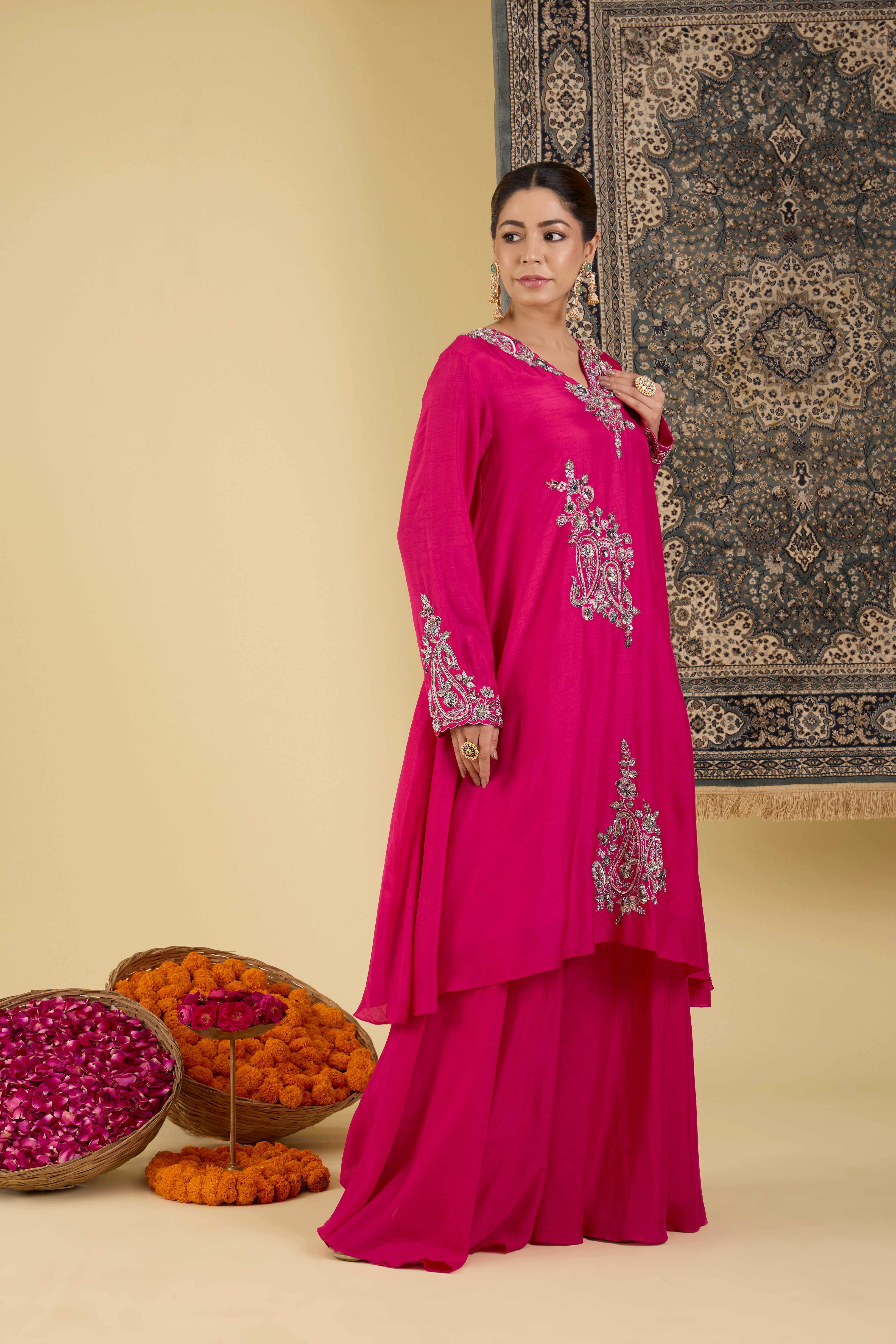 Radiant Pink Embroidered Straight A Line  Suit Set.