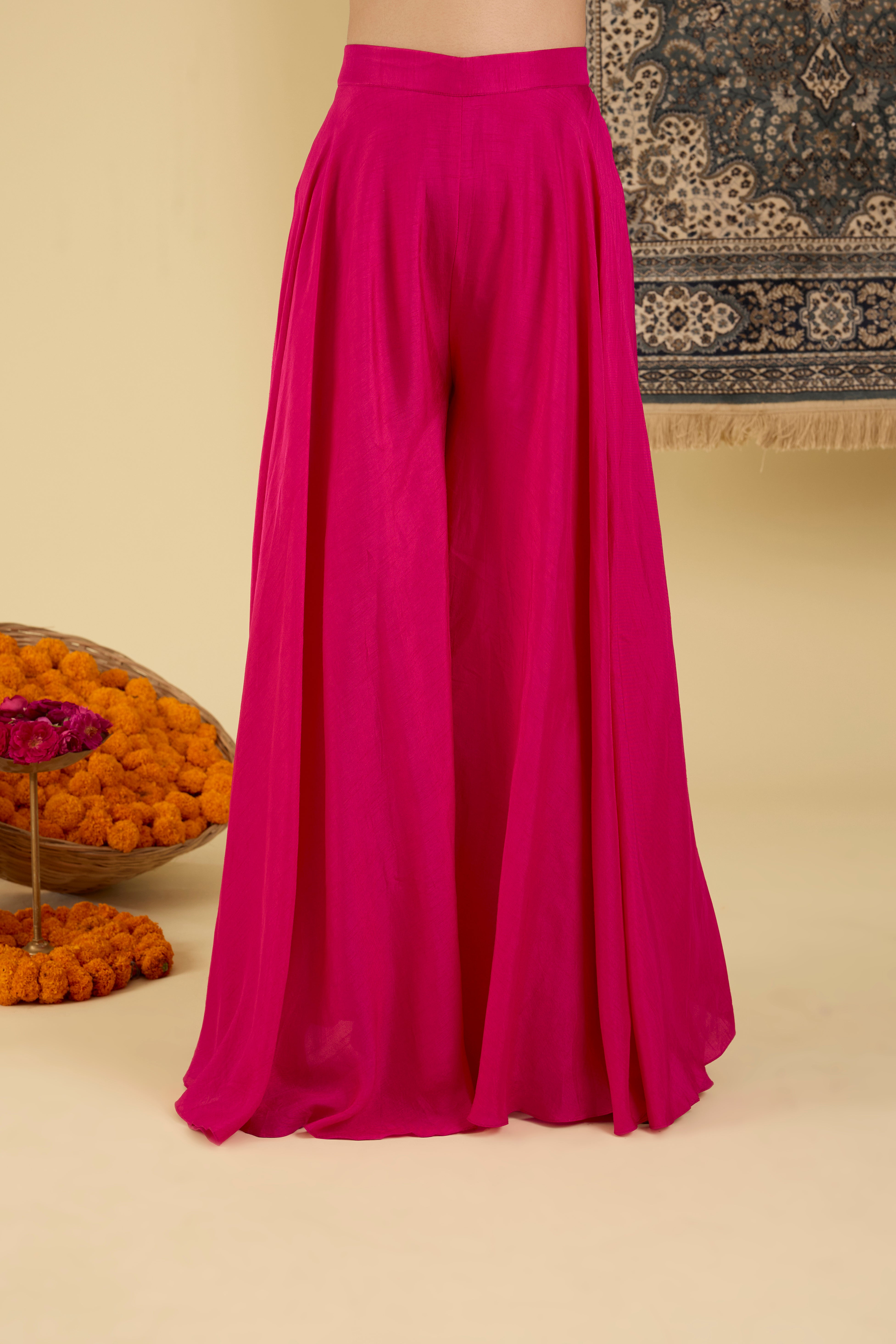 Radiant Pink Embroidered Straight A Line  Suit Set.