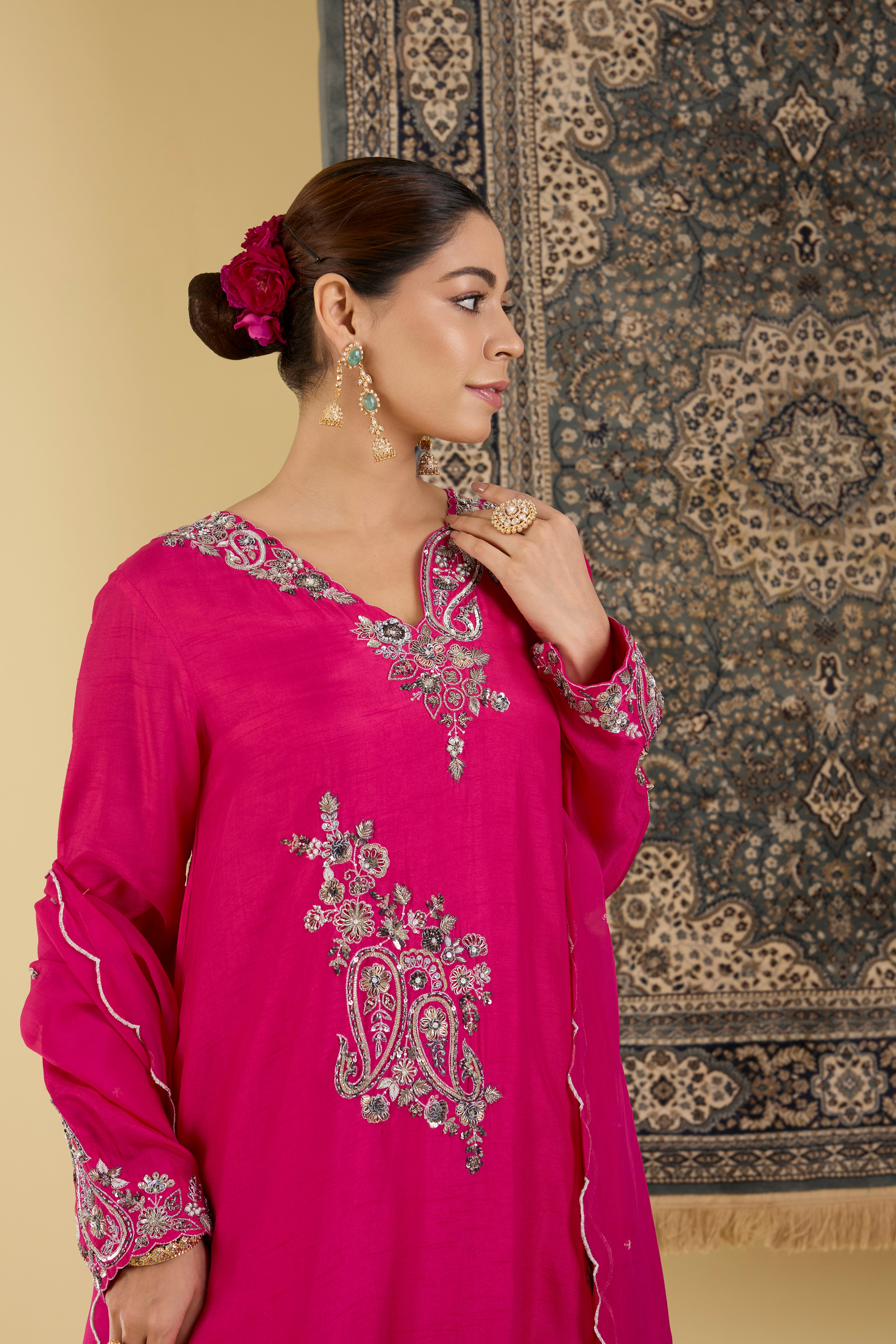 Radiant Pink Embroidered Straight A Line  Suit Set.