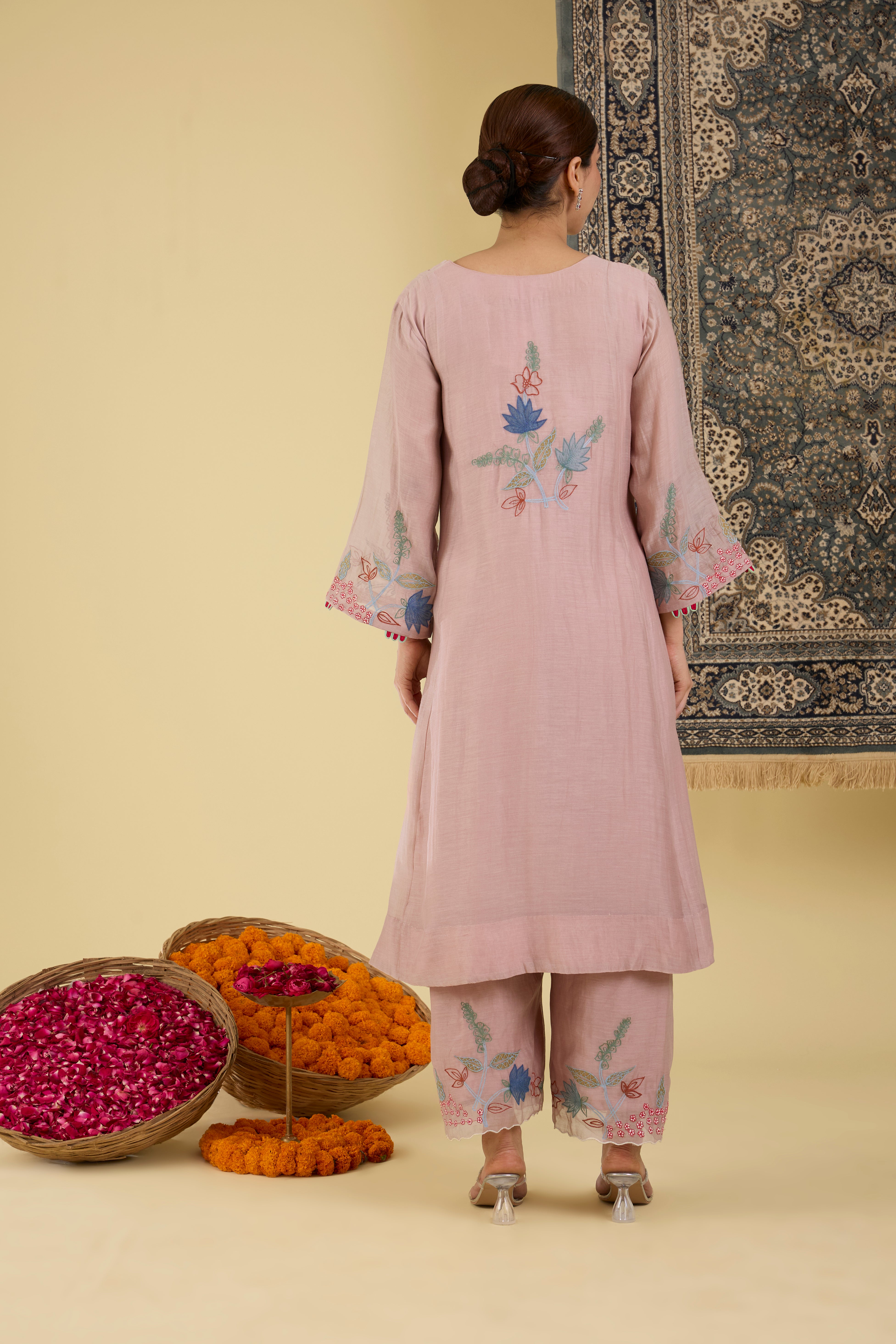 Lilac Floral Embroidered Kurta Set.