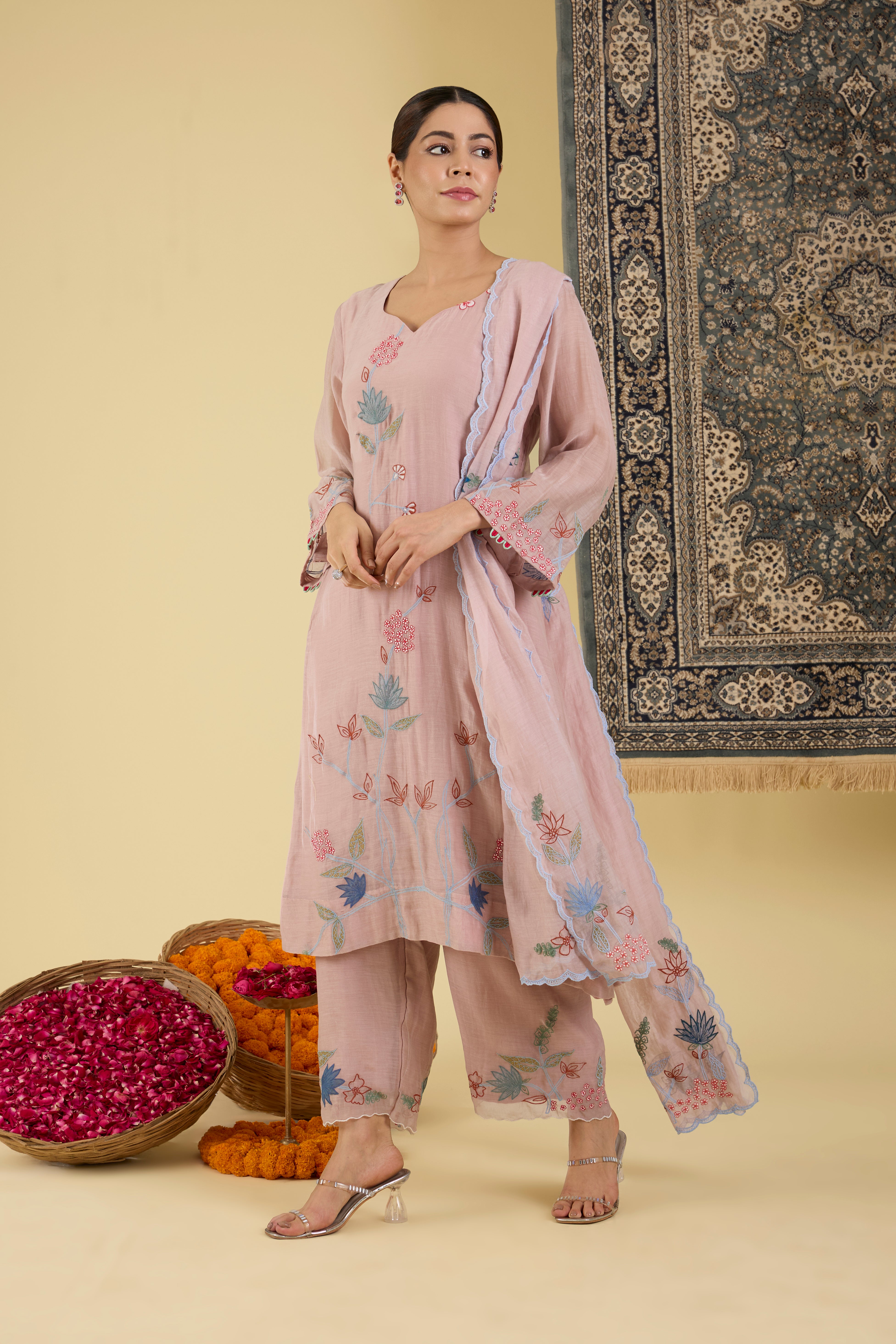 Lilac Floral Embroidered Kurta Set.