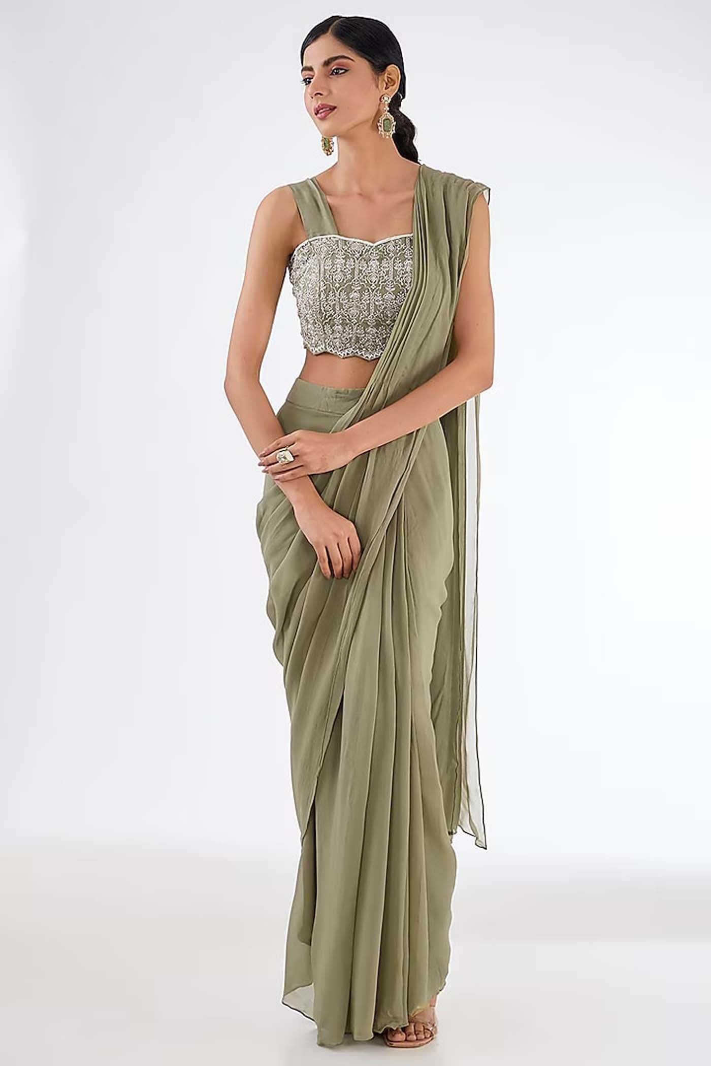 Pista Green Draped Saree Set