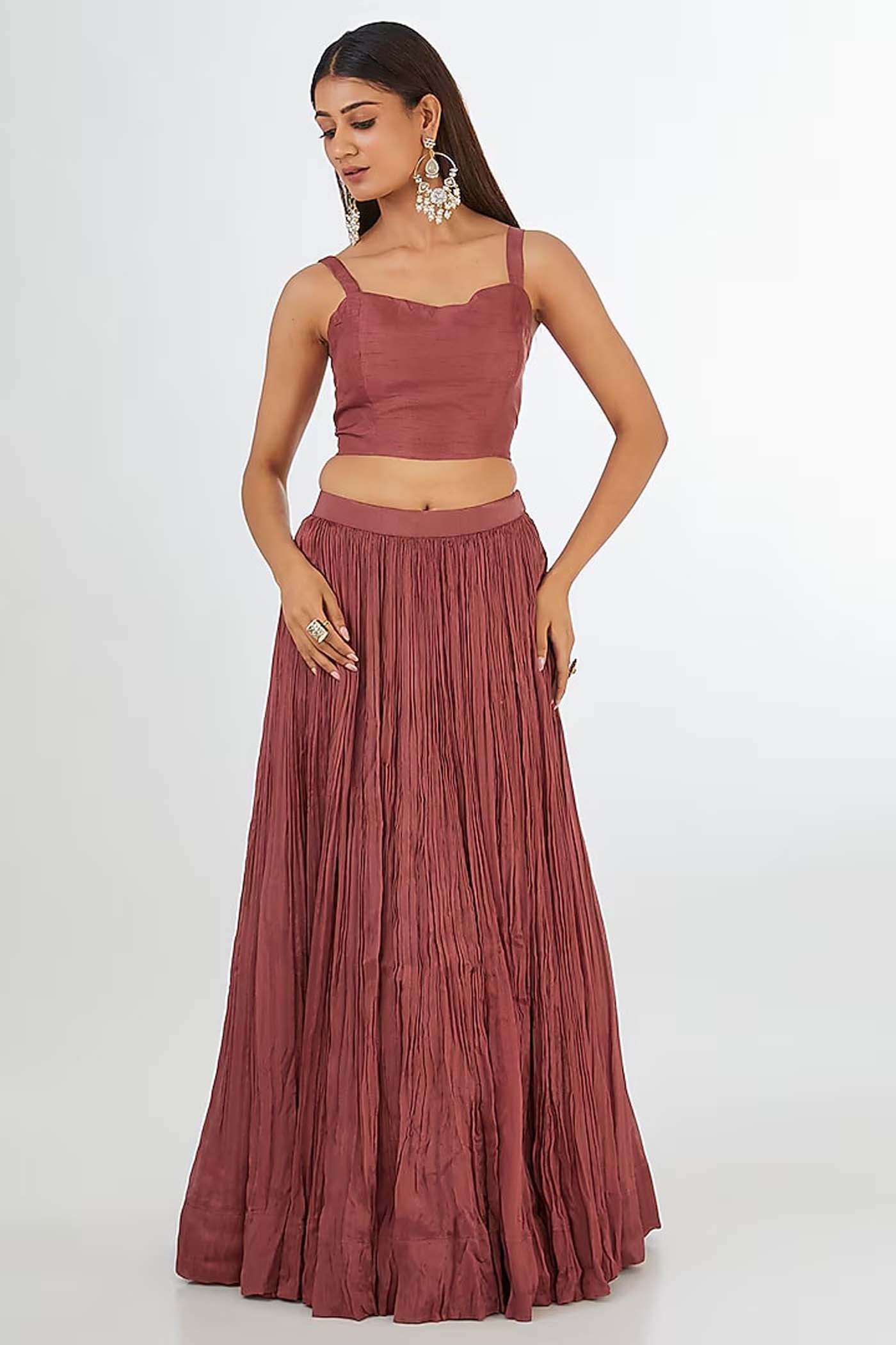 Beige,Rust Crop-top with Skirt Set