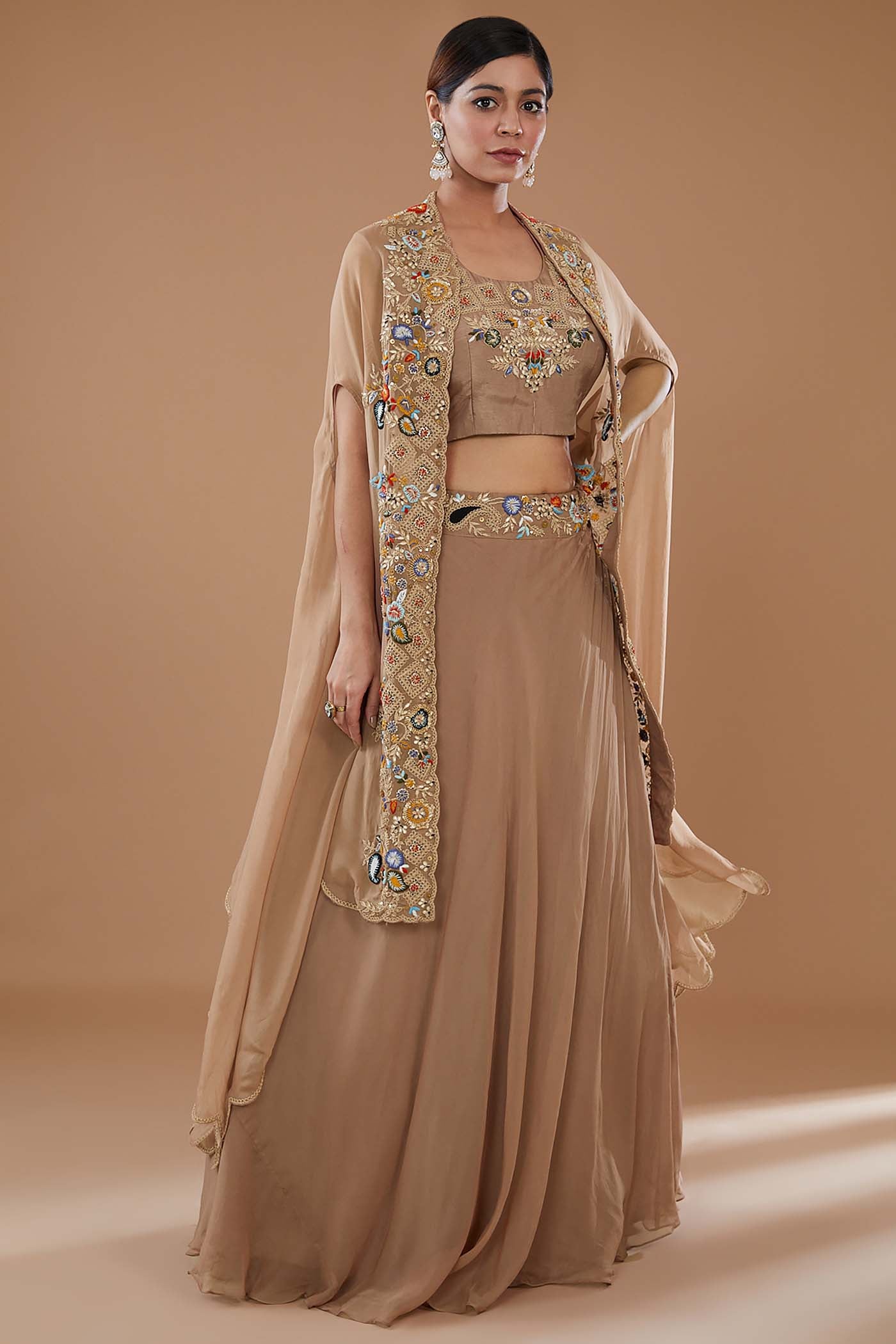 Mouse Crop-Top Lehenga with Organza Cape