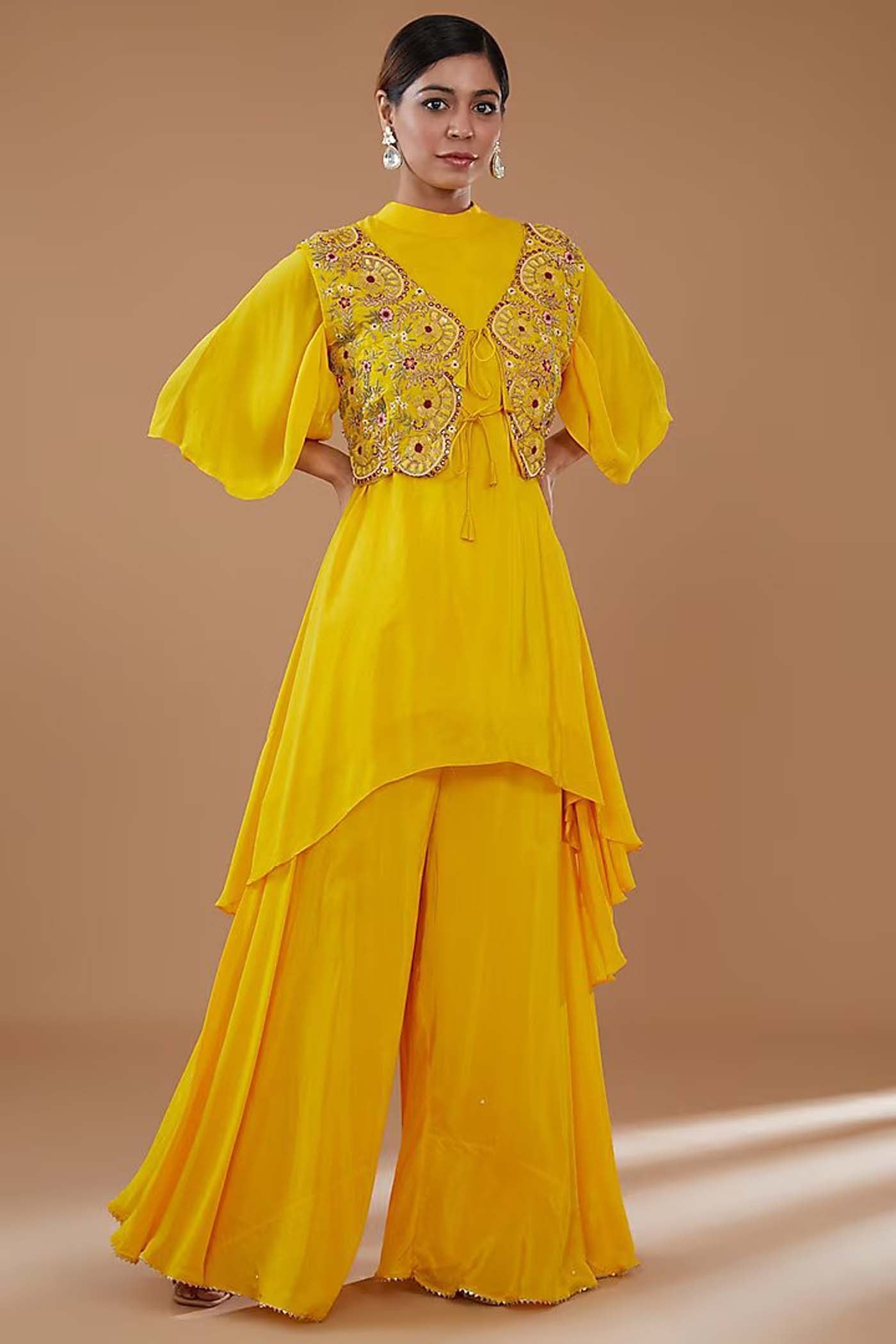 Yellow Asymmetrical Top with Embroidered Short Jacket and Sharara