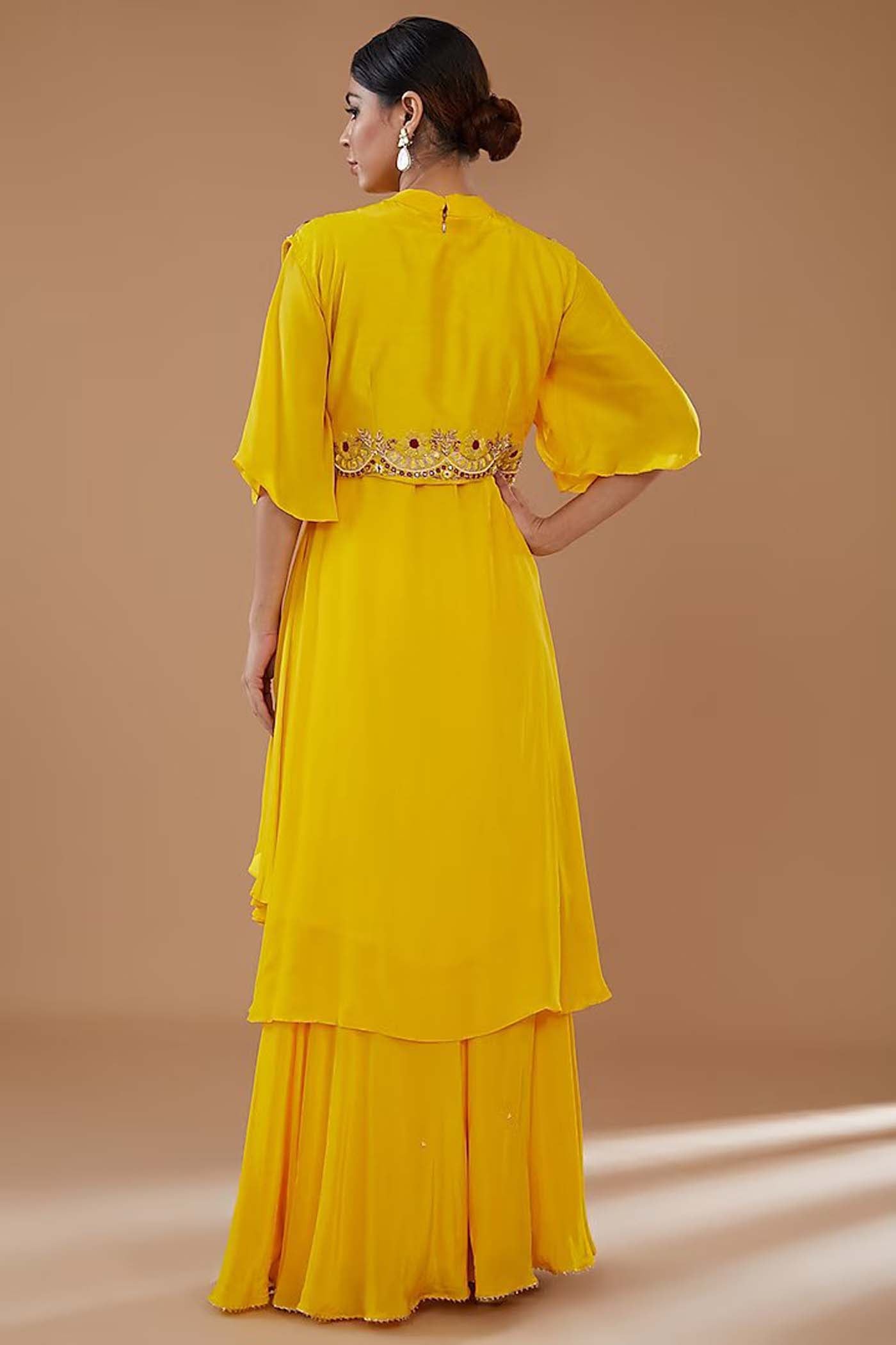 Yellow Asymmetrical Top with Embroidered Short Jacket and Sharara