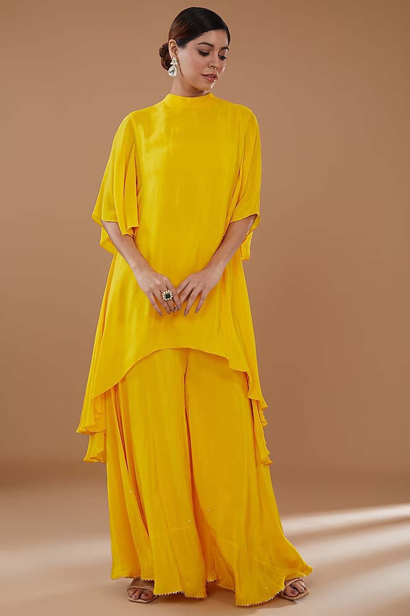 Yellow Asymmetrical Top with Embroidered Short Jacket and Sharara