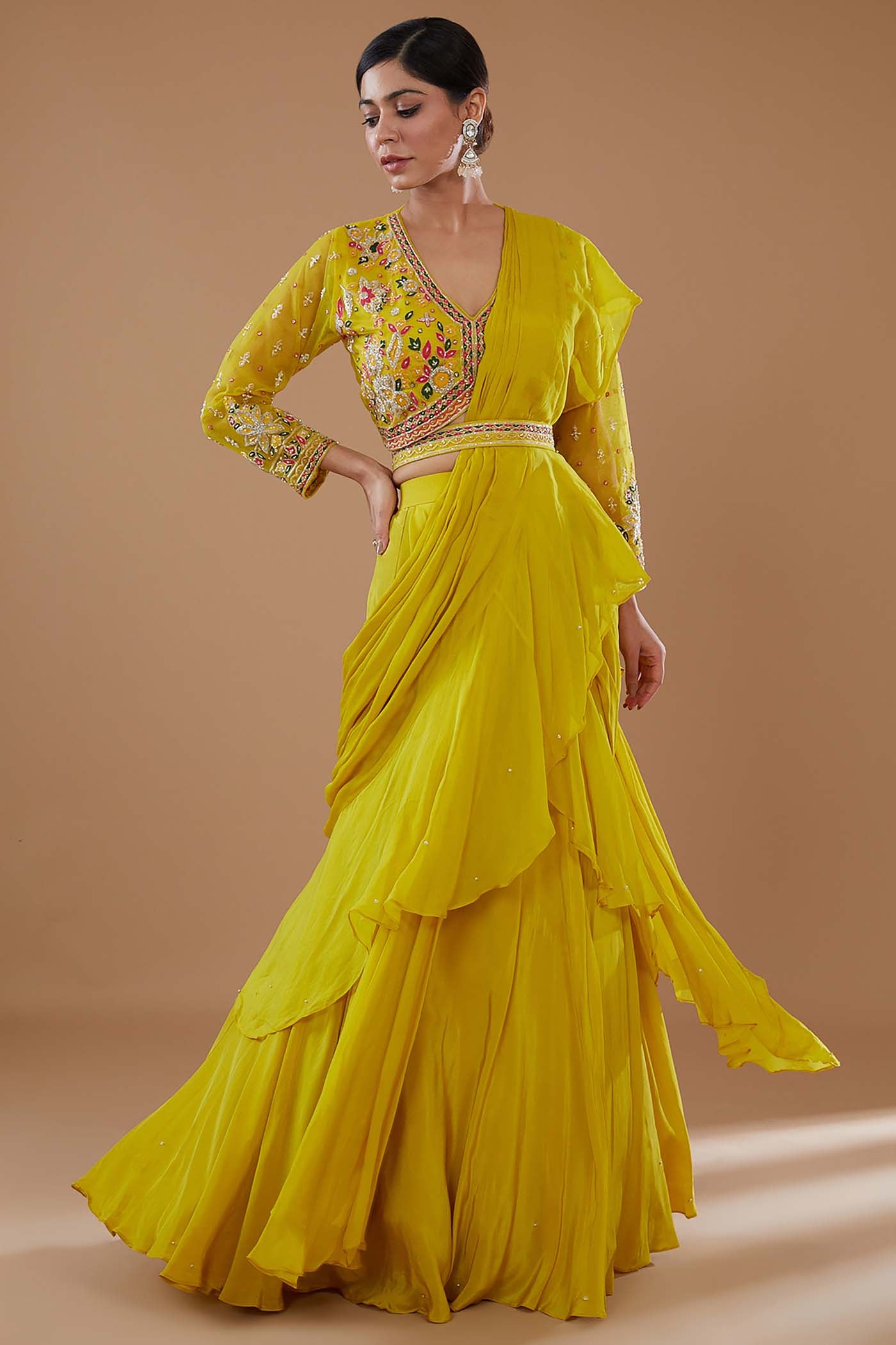 Mustard Drape Lehenga Saree