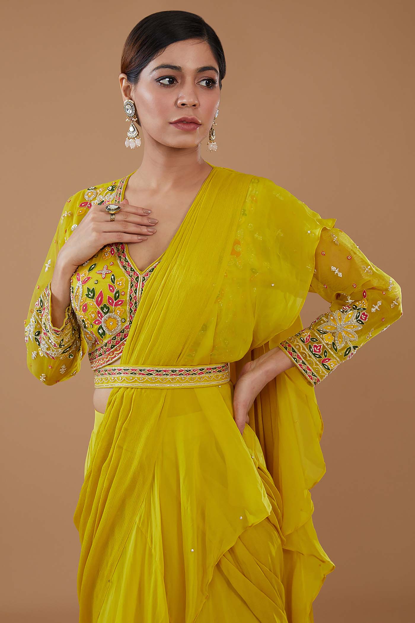 Mustard Drape Lehenga Saree