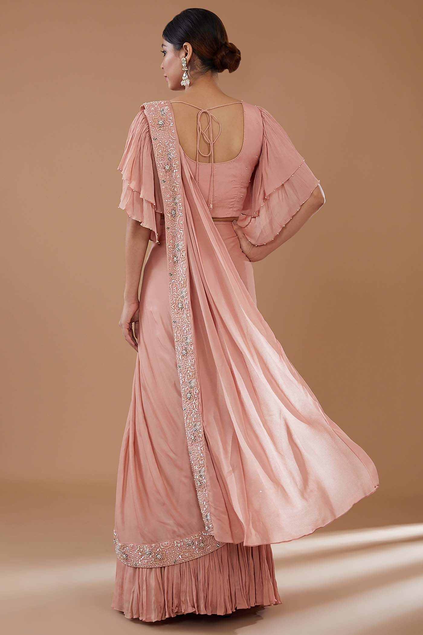 Peach Draped Lehenga Saree with Embroidered Belt