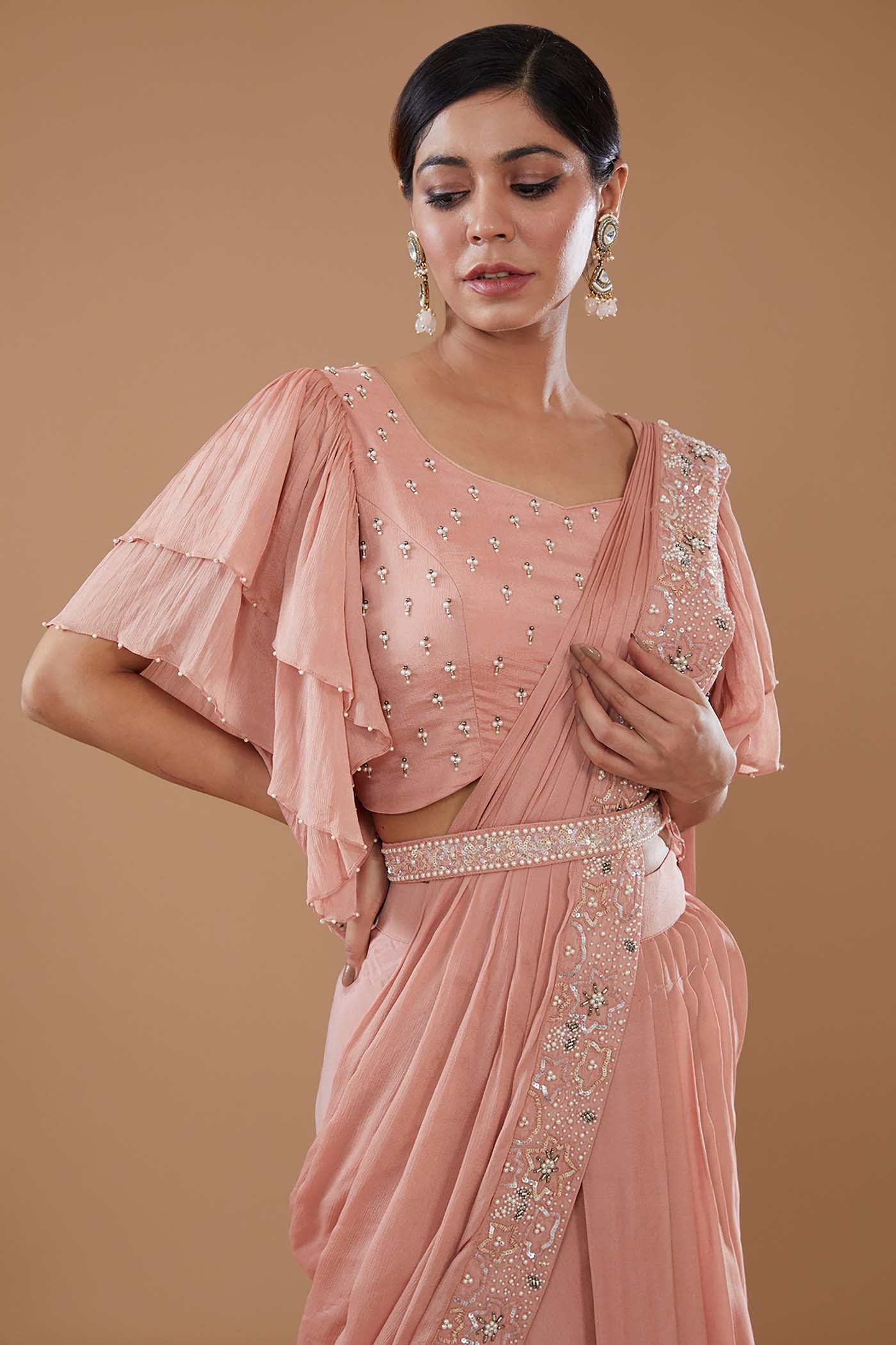 Peach Draped Lehenga Saree with Embroidered Belt