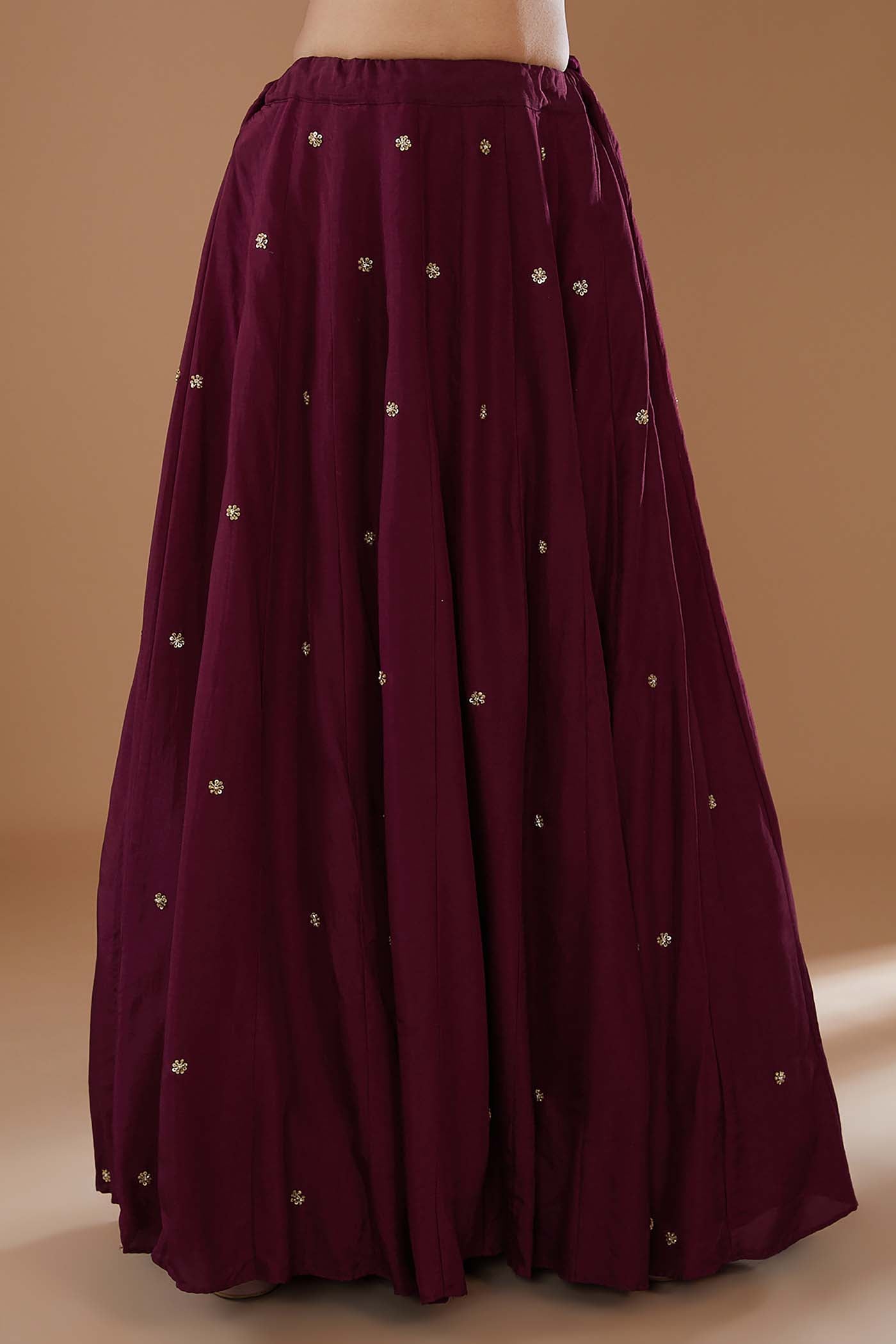 Wine Short Anarkali with heavily Embroidered yoke and sleeves Comes with a Skirt and Dupatta