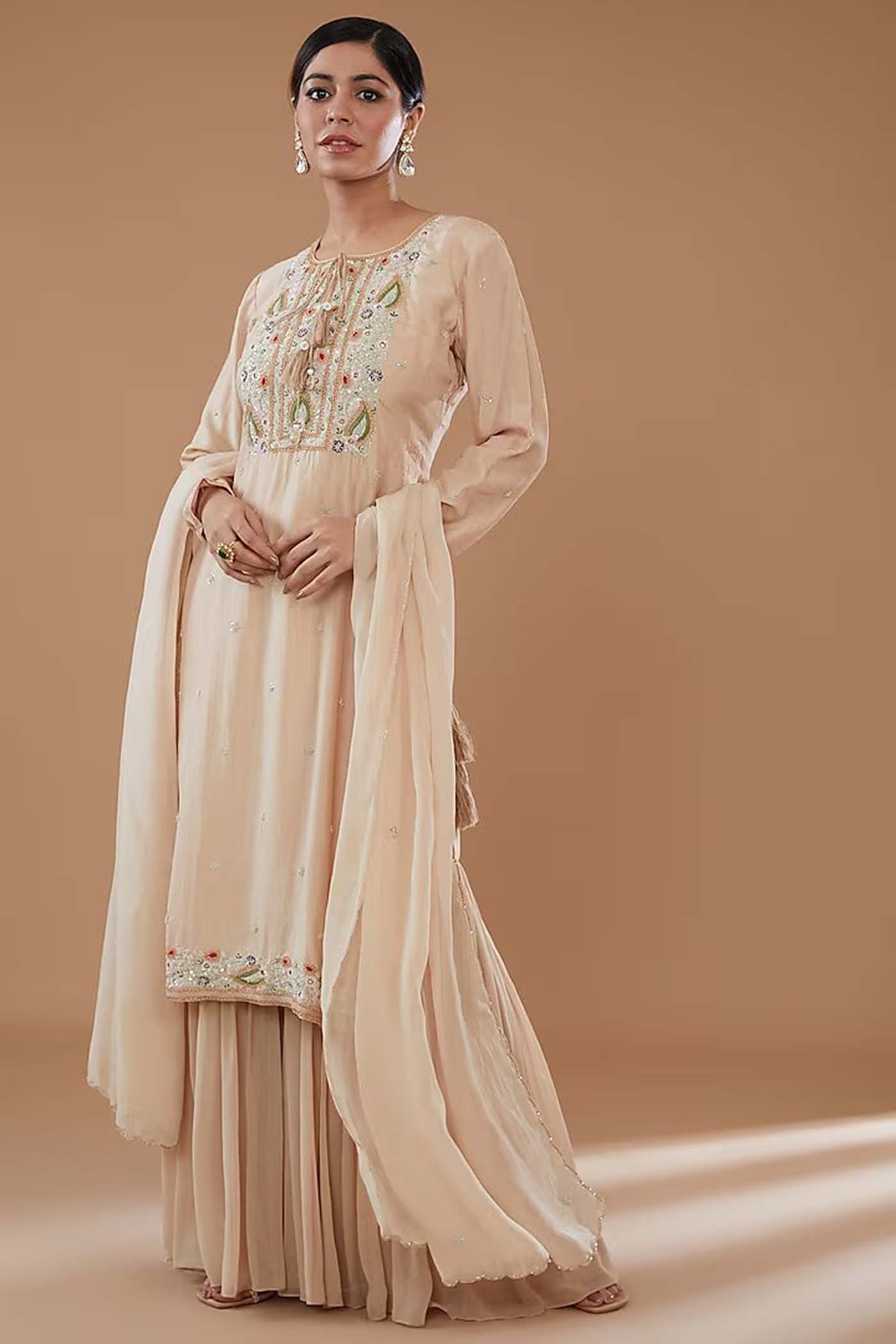 Beige Embroidered Straight Suit with Sharara and Dupatta