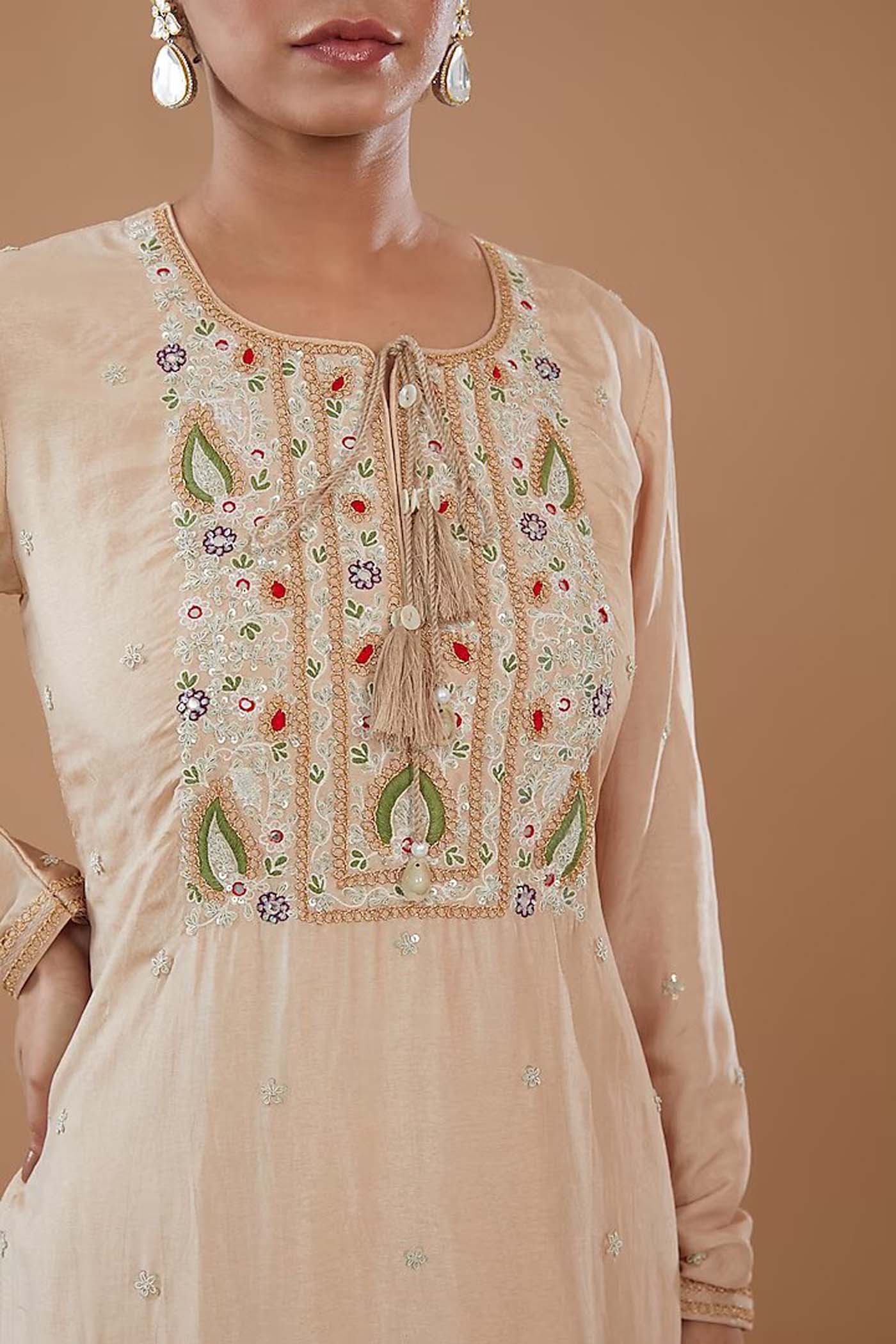 Beige Embroidered Straight Suit with Sharara and Dupatta