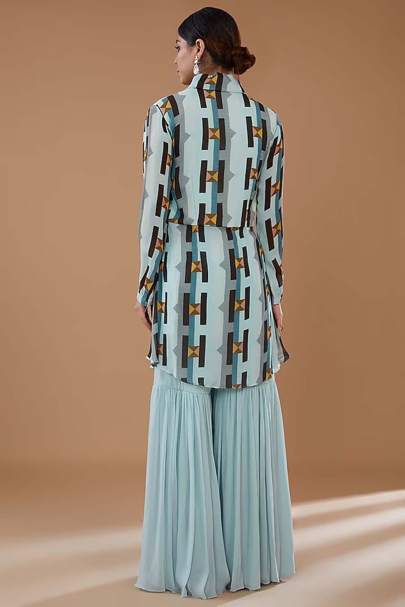 Ice-Blue Printed Top with Sharara and Embroidered Belt