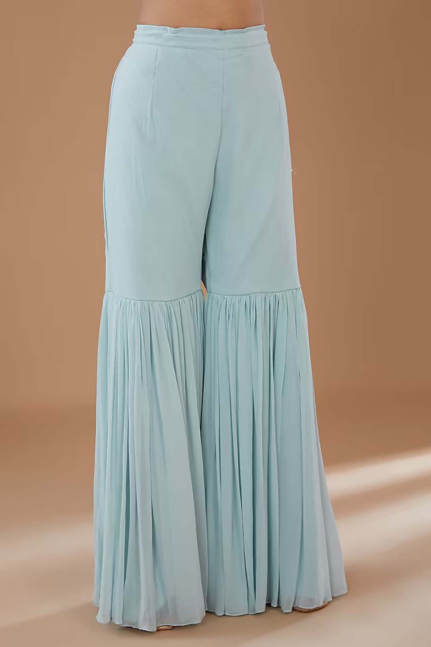 Ice-Blue Printed Top with Sharara and Embroidered Belt