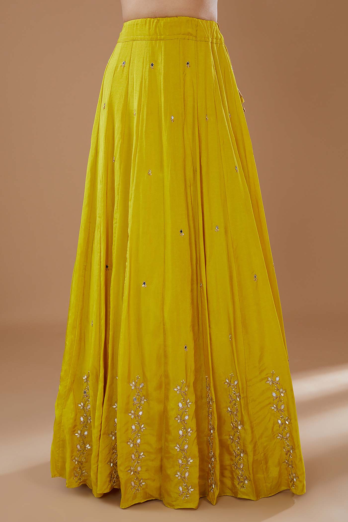 Mustard Short Anarkali with heavily Embroidered yoke and sleeves Comes with a Skirt and Dupatta