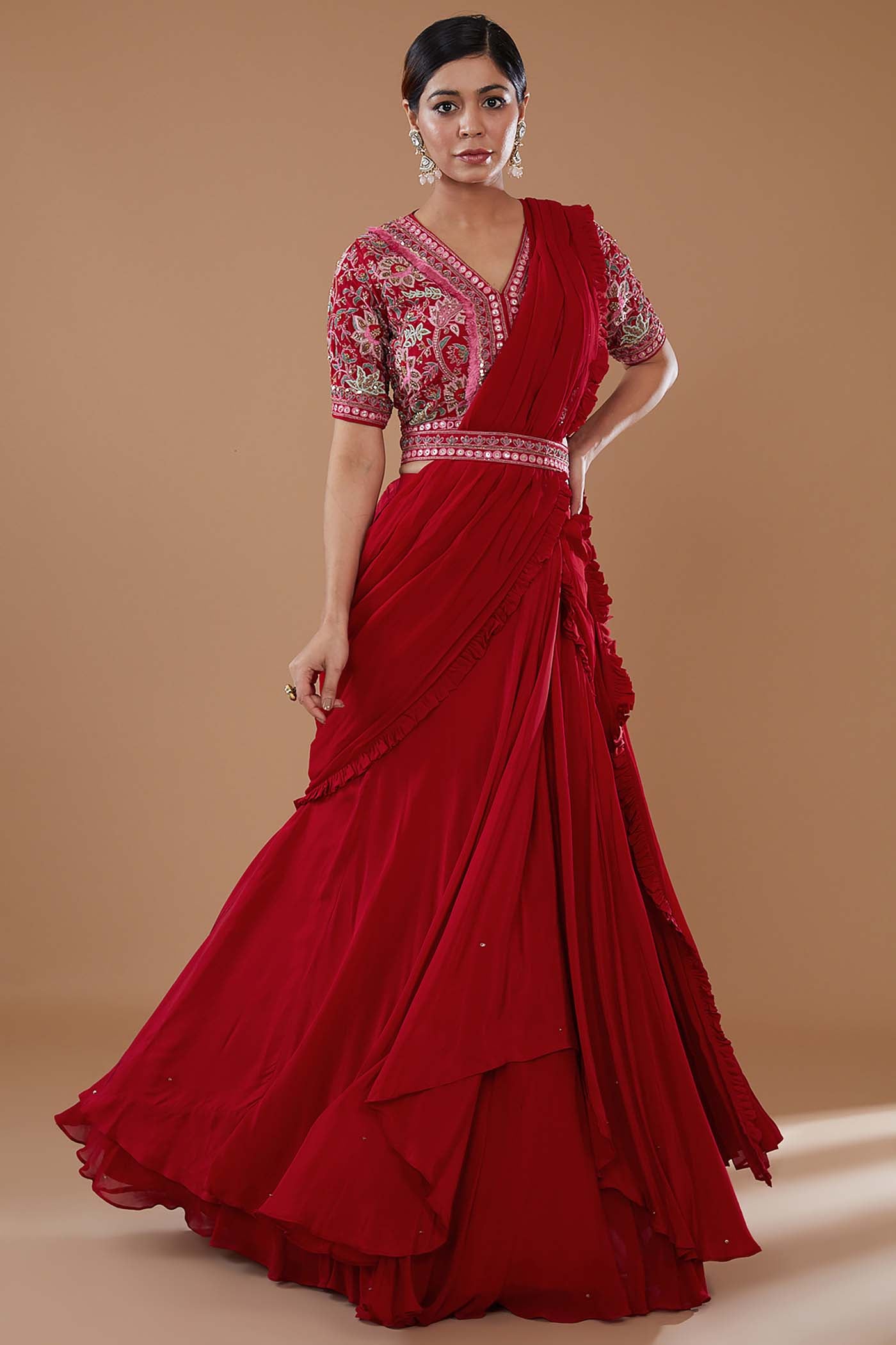 Red Drape Lehenga Saree