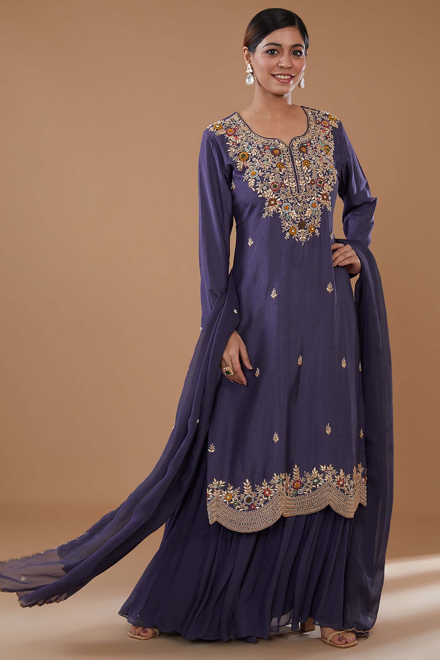 Violet Embroidered Straight Suit with Sharara and Dupatta