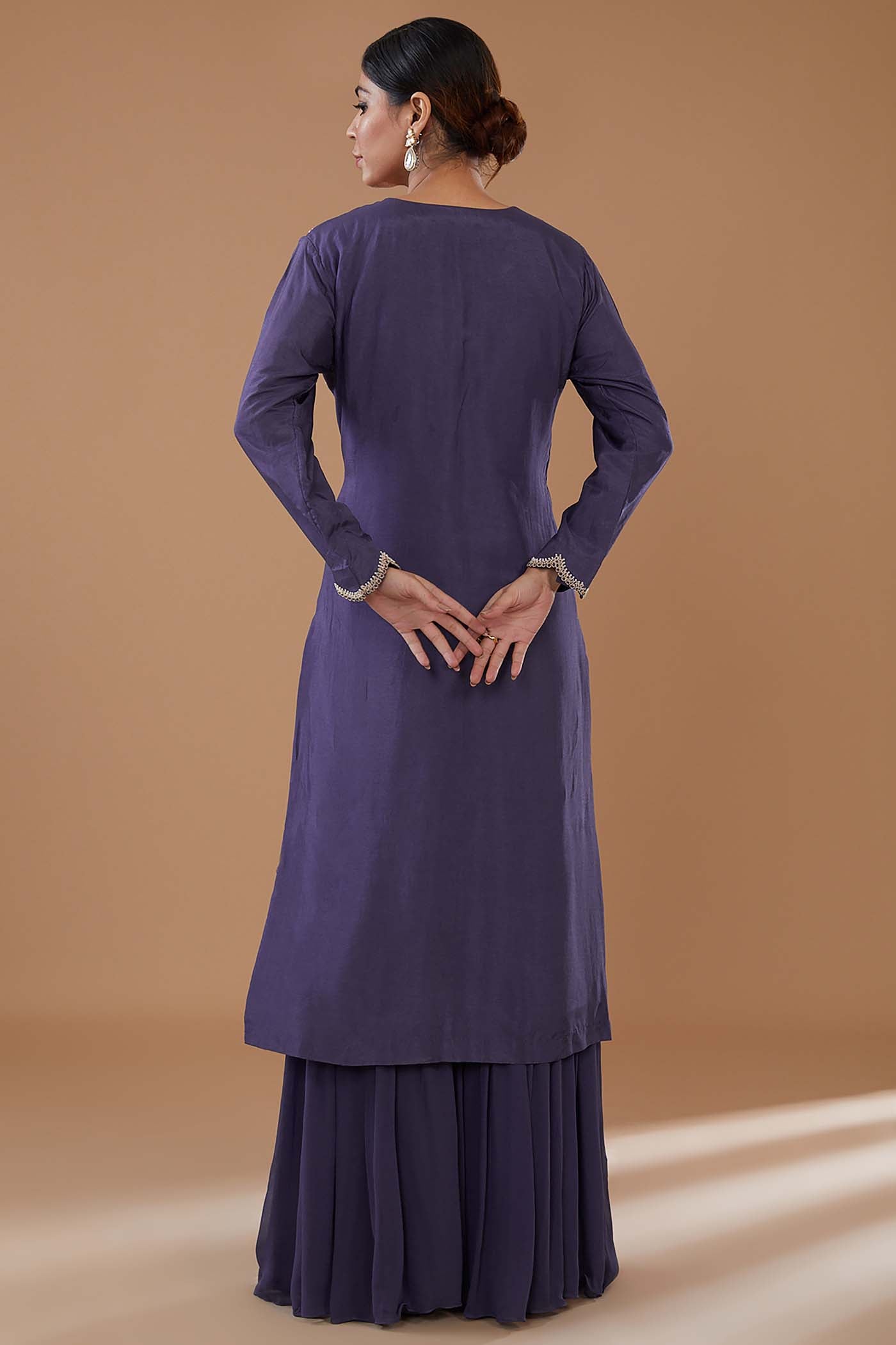 Violet Embroidered Straight Suit with Sharara and Dupatta