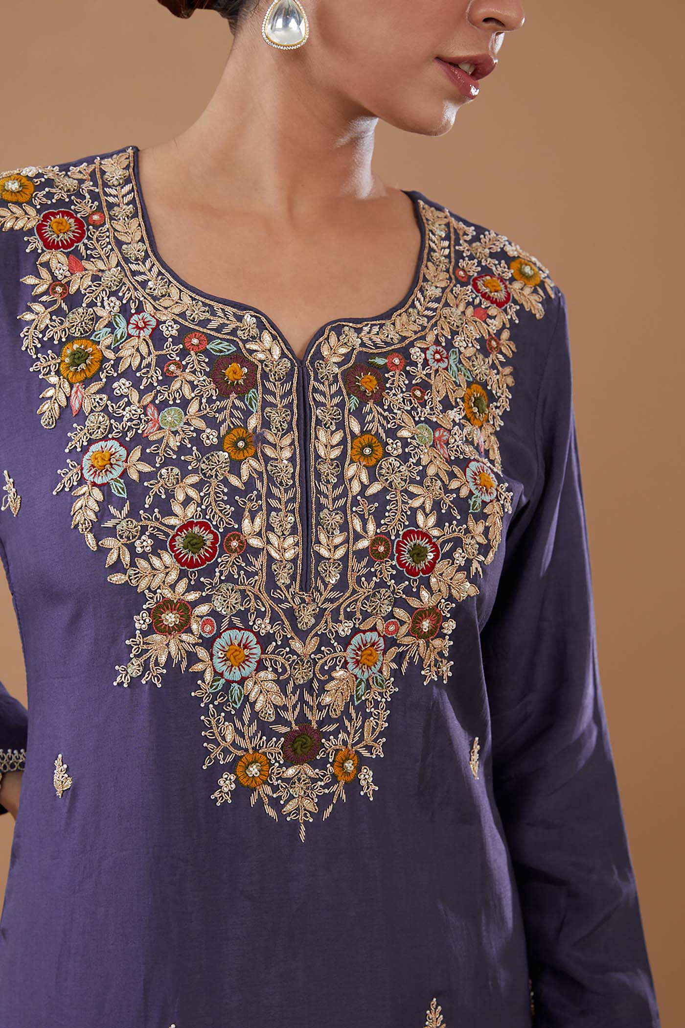 Violet Embroidered Straight Suit with Sharara and Dupatta