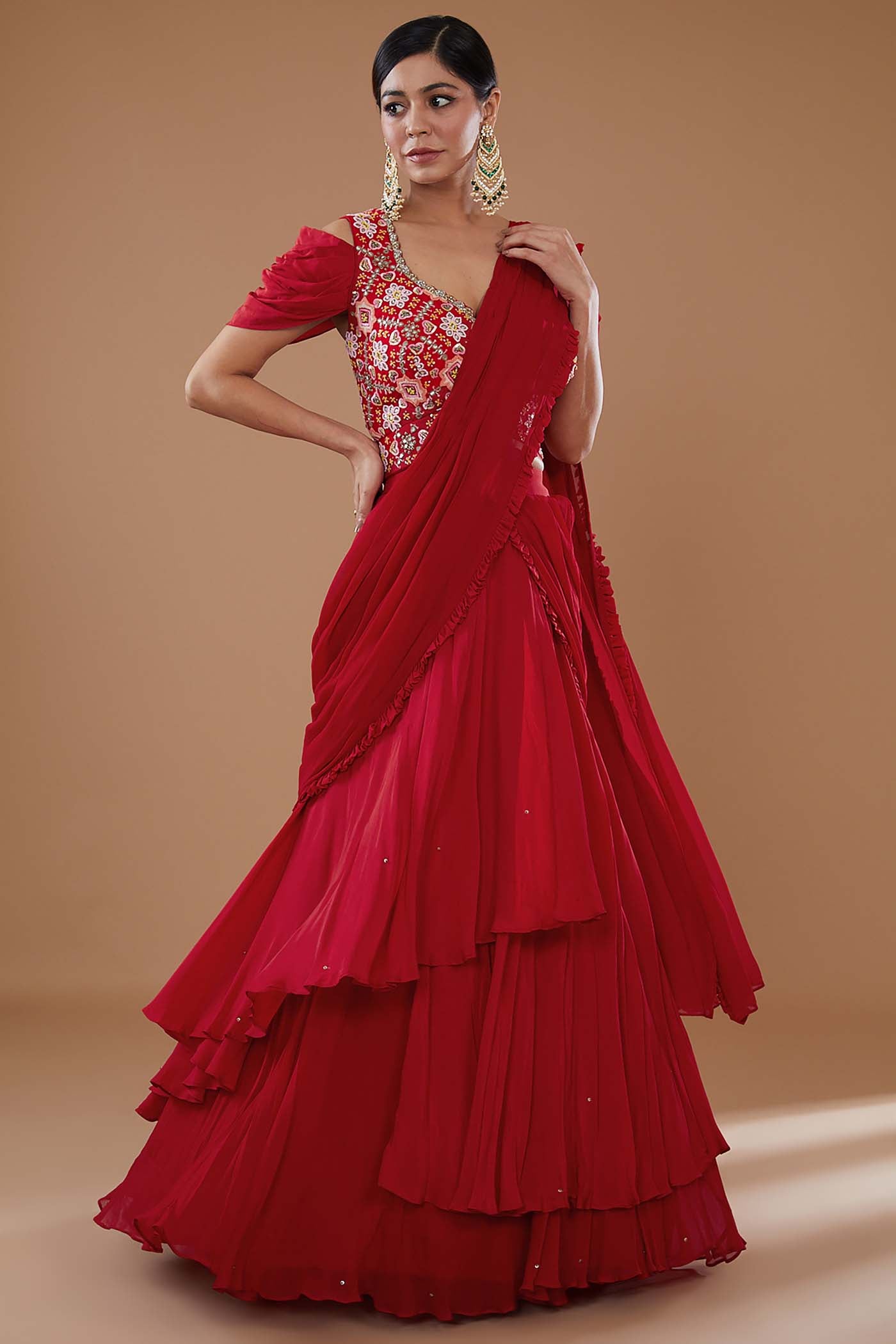 Red Drape Lehenga Saree