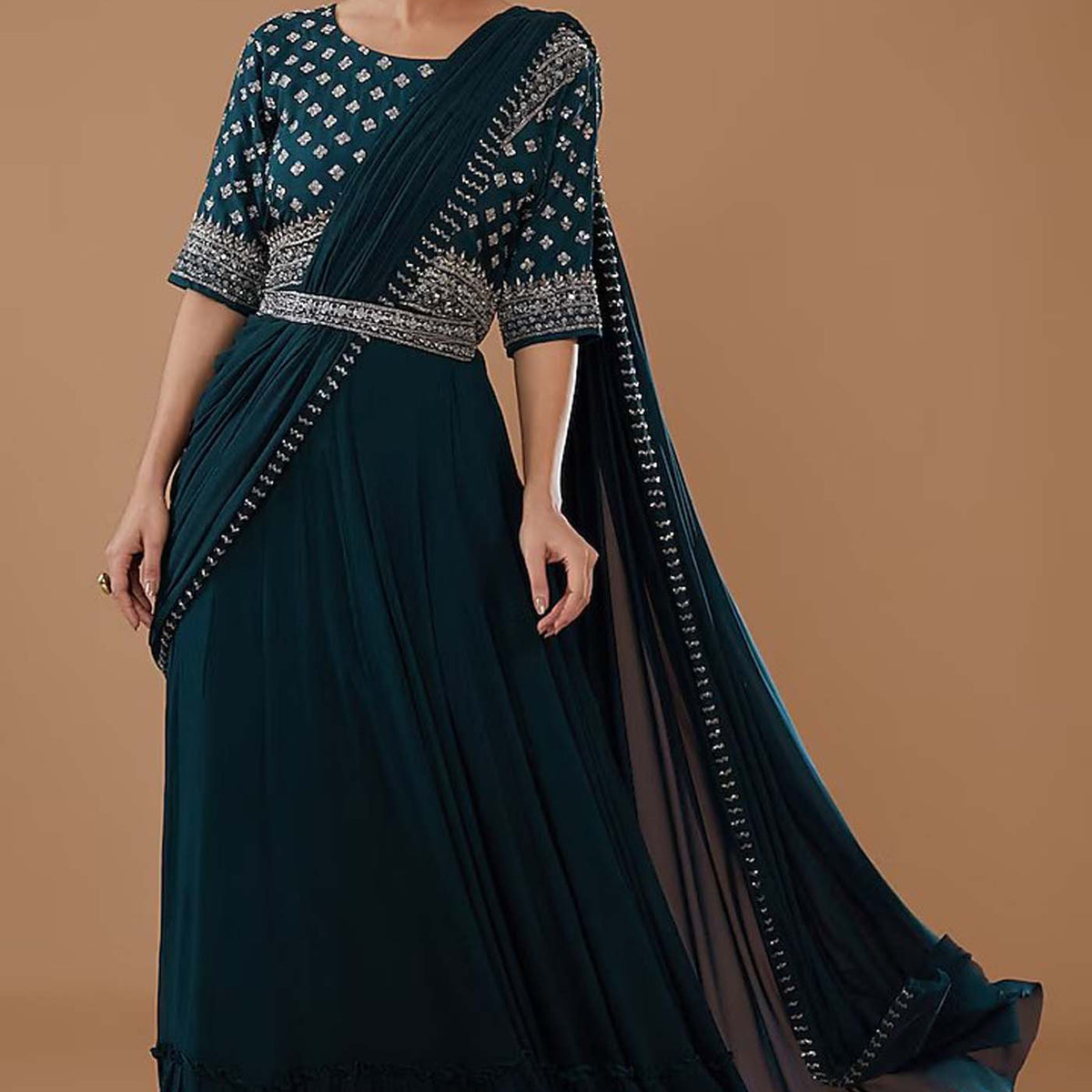 Blue Gown with Attached Drape Dupatta and Embroidered Belt