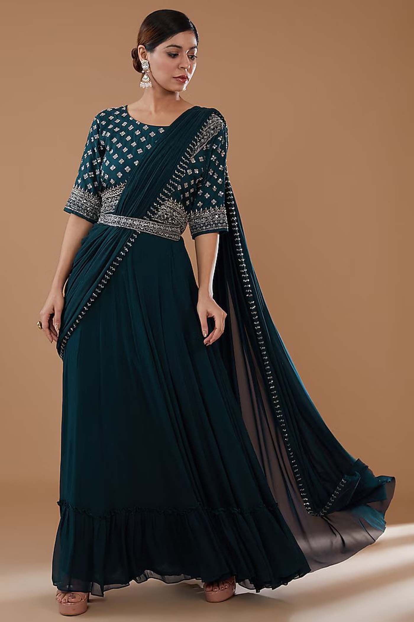 Blue Gown with Attached Drape Dupatta and Embroidered Belt