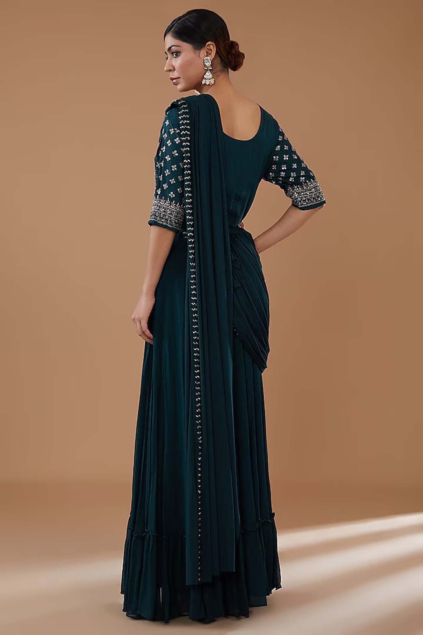 Blue Gown with Attached Drape Dupatta and Embroidered Belt