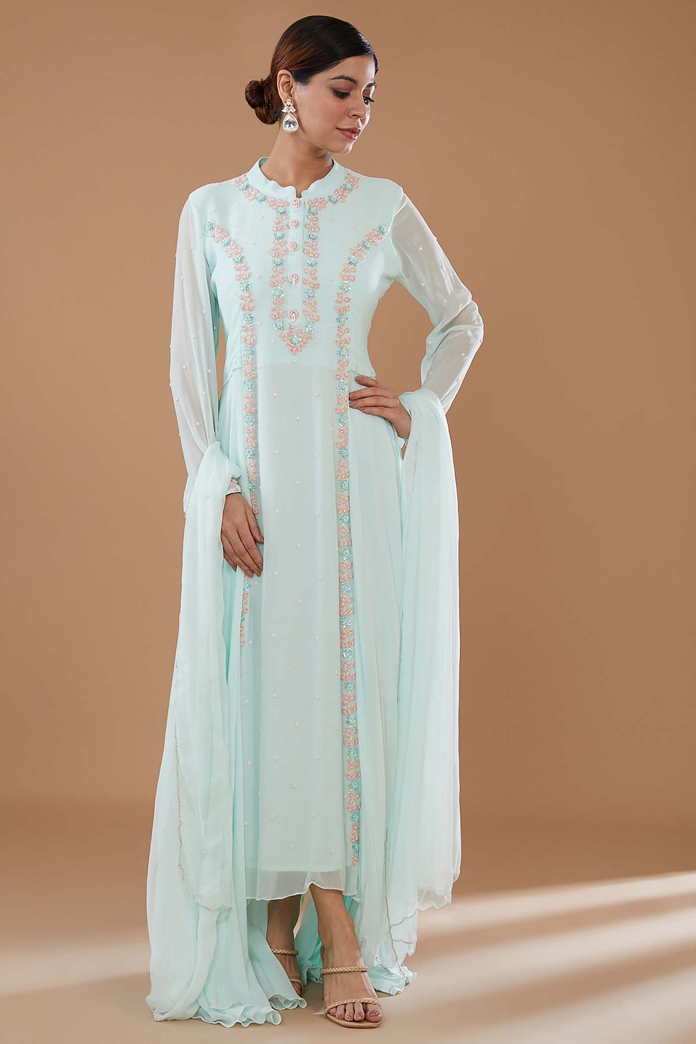 Ice-Blue Embroidered Asymmetrical Anarkali with Dupatta