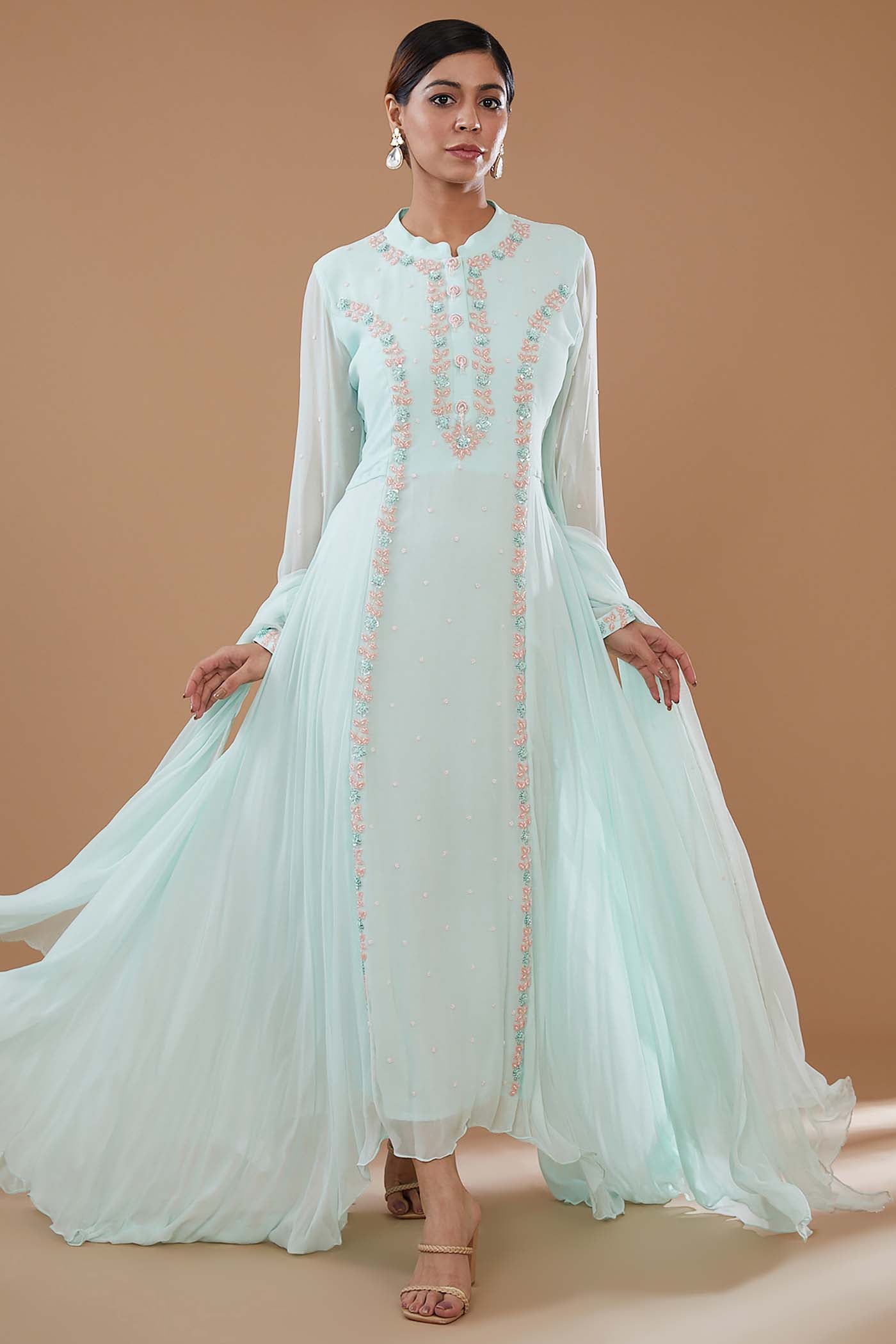 Ice-Blue Embroidered Asymmetrical Anarkali with Dupatta