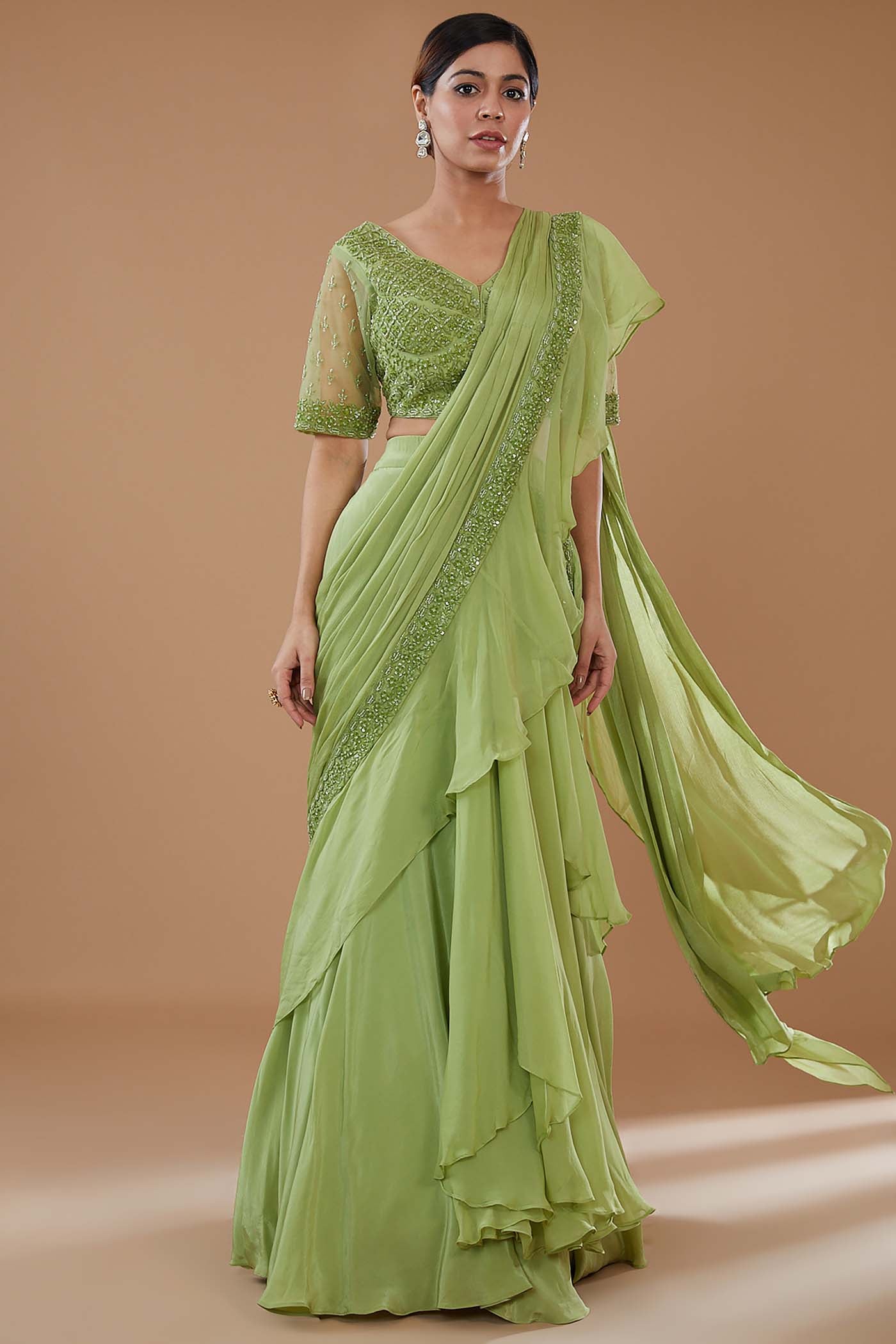 Green Drape Lehenga Saree Set