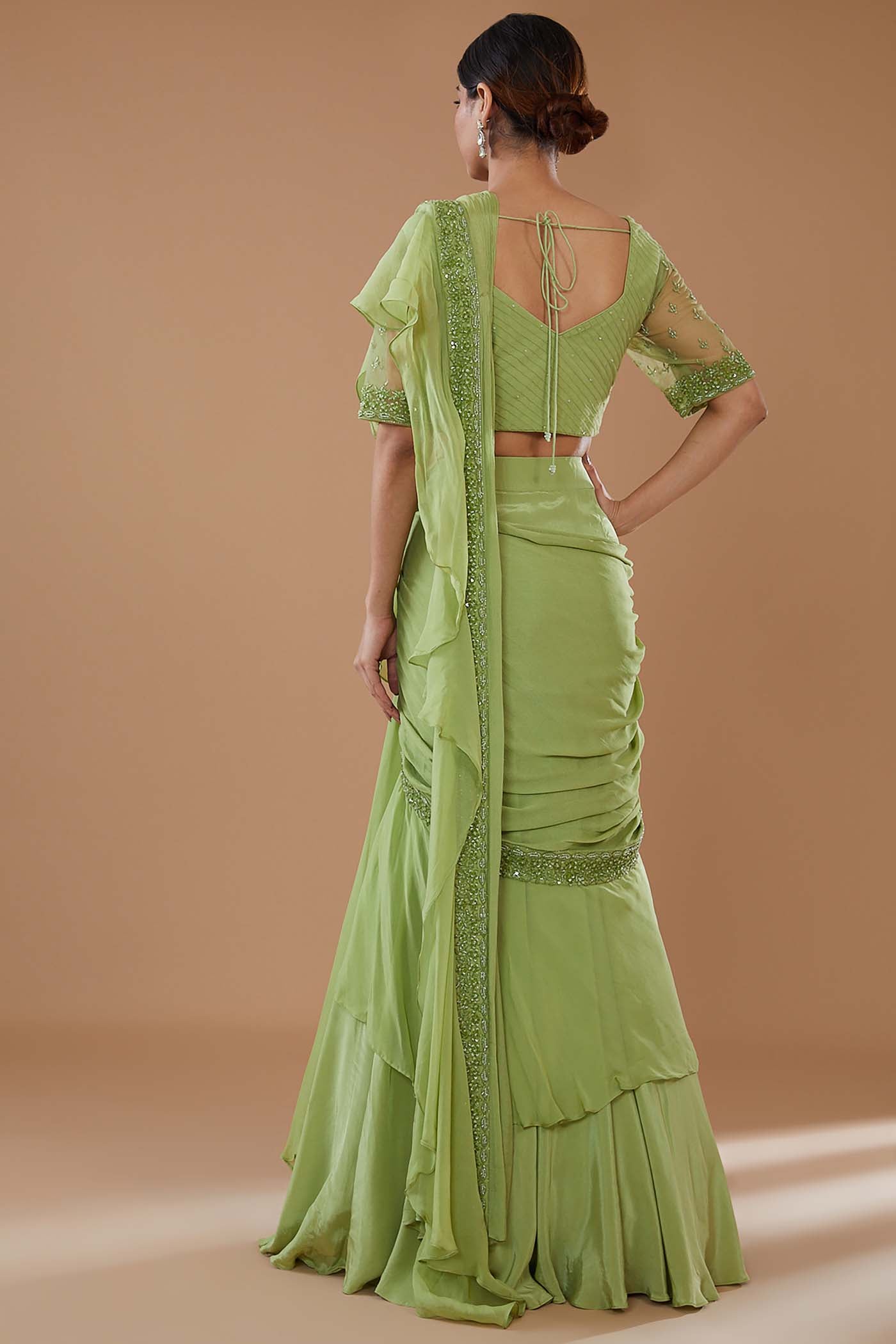 Green Drape Lehenga Saree Set