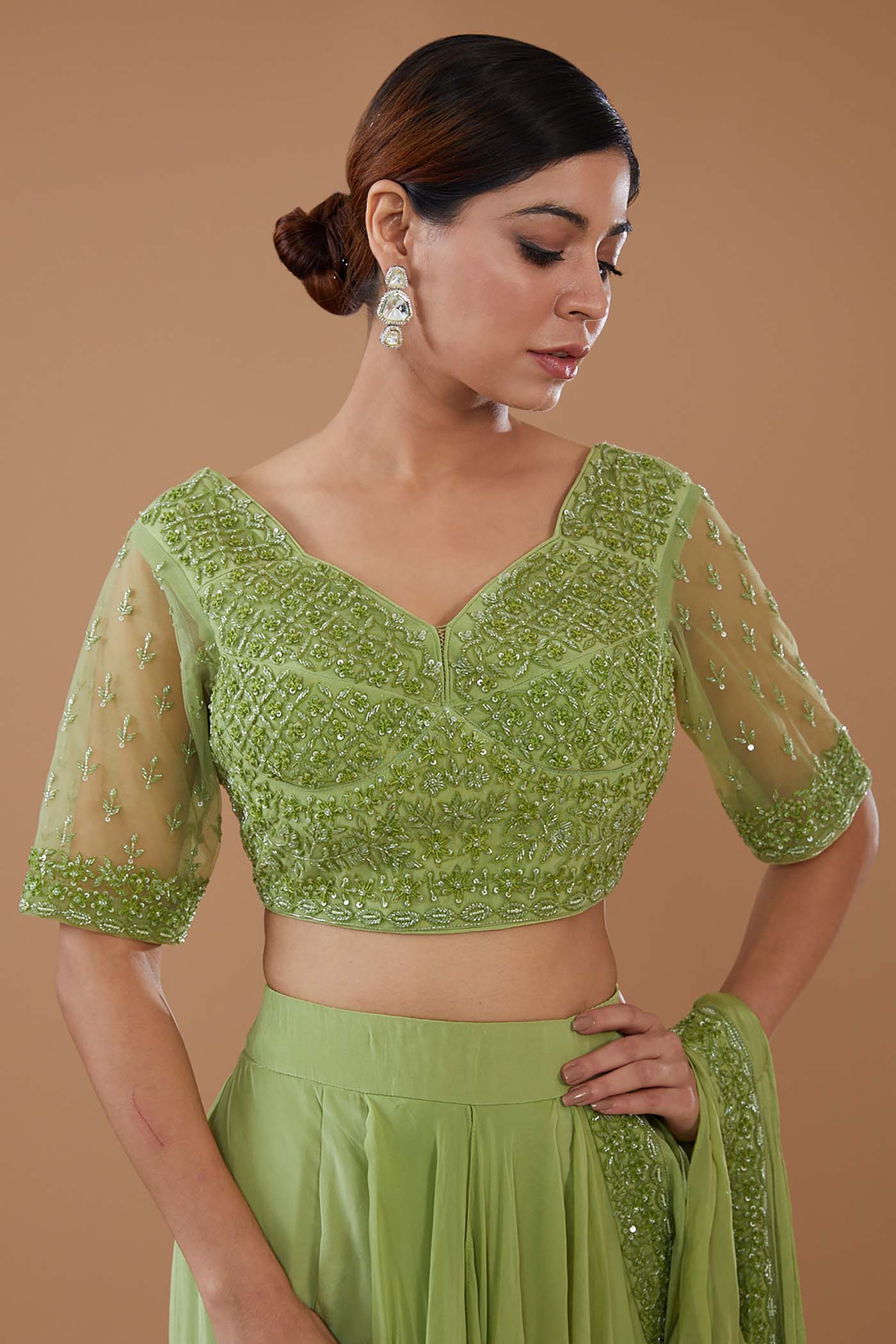 Green Drape Lehenga Saree Set