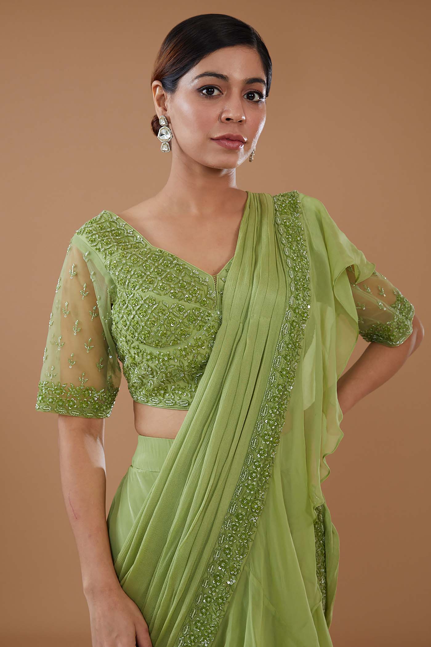 Green Drape Lehenga Saree Set