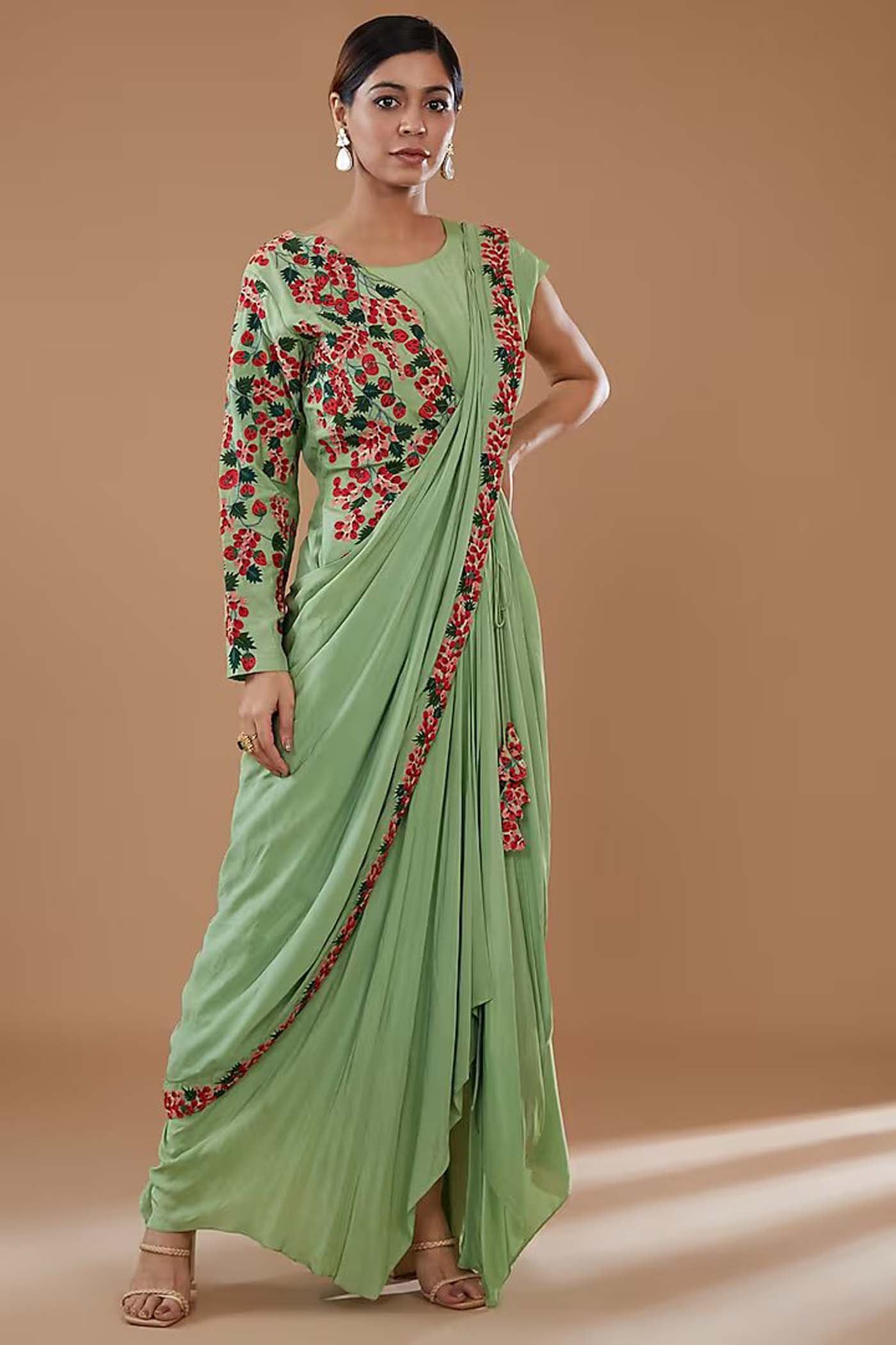 Green Cowl draped Dress with Embroidered jacket