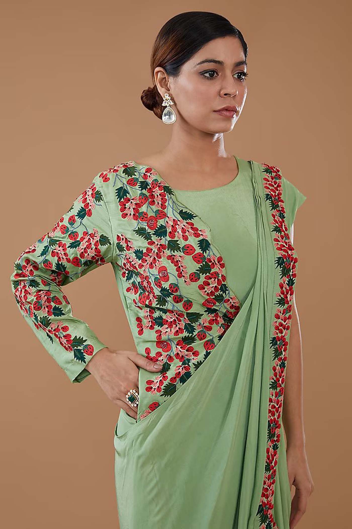 Green Cowl draped Dress with Embroidered jacket