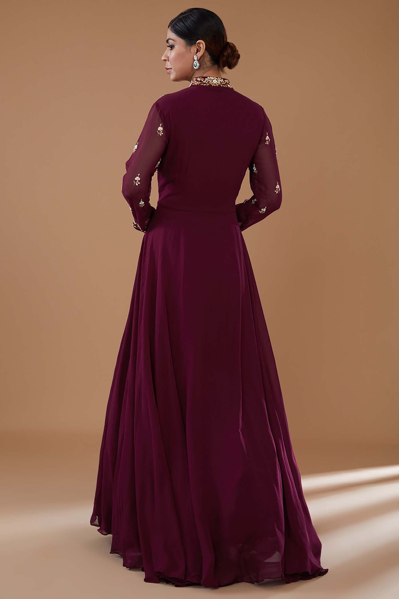 Wine Embroidered Draped Gown