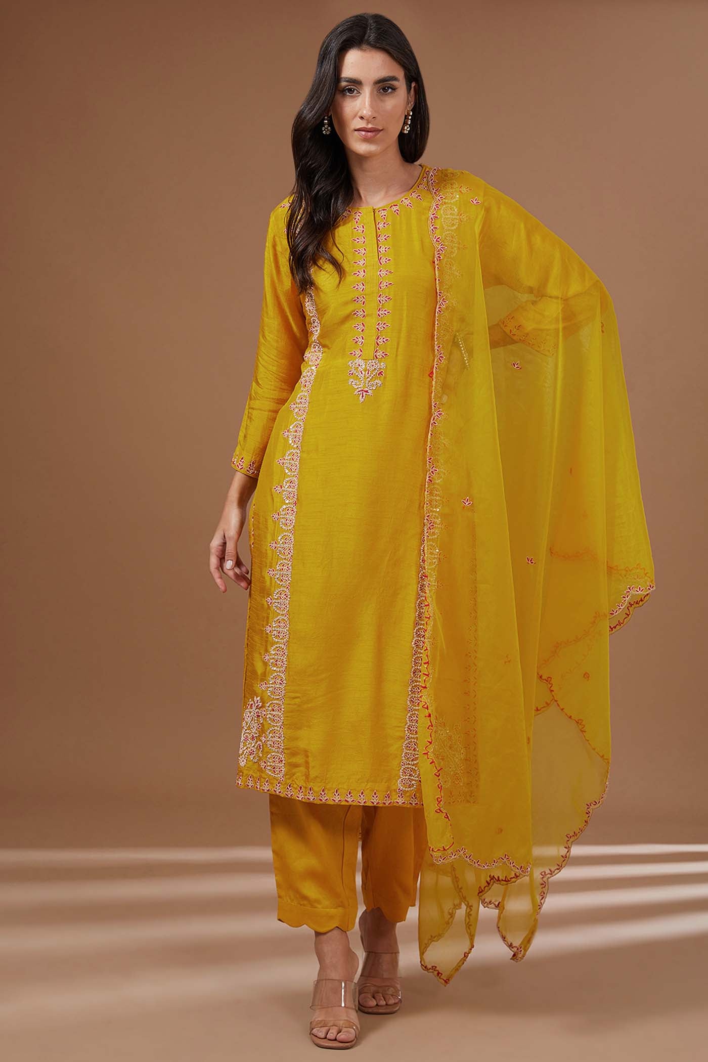 Mustard Embroidered Straight Suit with Pants and Organza Dupatta Set